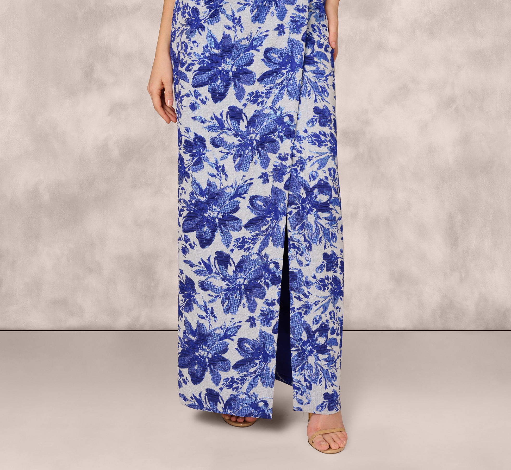 Elegant Strapless Belted Floral Jacquard Column Gown - Royal Blue Formal Dress for Evening Gala, Prom, Wedding & Special Occasions