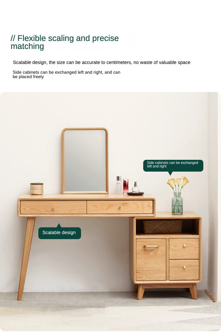 Solid Oak Wood Extendable Vanity Dressing Table with Mirror - Perfect for Bedroom Makeup & Jewelry Storage