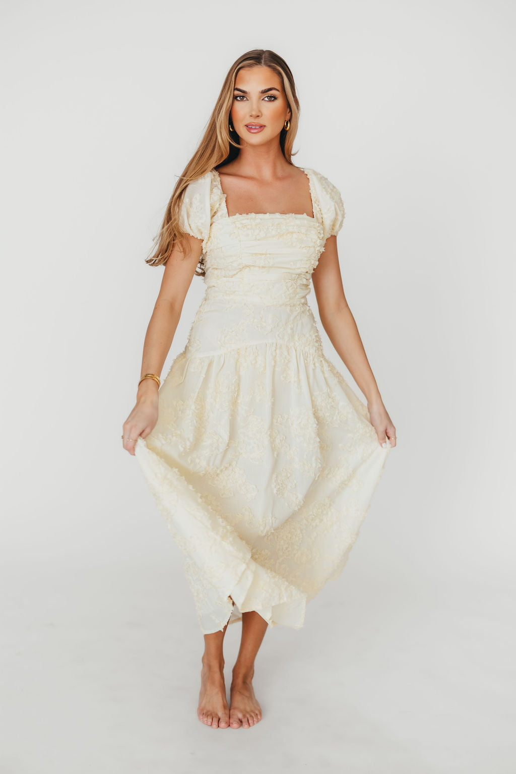 Gracie Embellished Midi Dress in Butter Yellow - Elegant Floral Lace Cocktail Dress for Weddings, Parties & Special Occasions