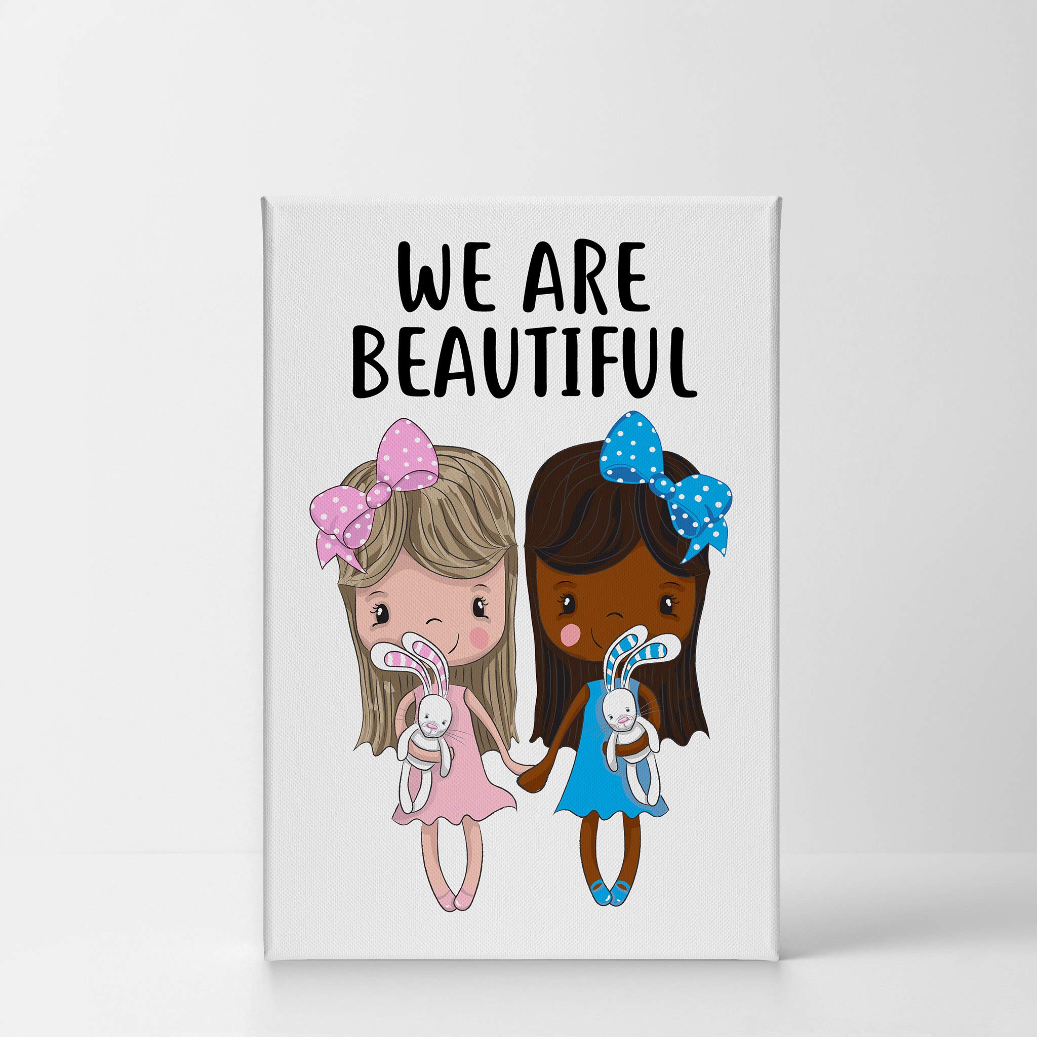 Smile Art Design Cute Blonde and African American Girl Friendship Canvas Wall Art Print - 40x30 Inches Rolled Canvas, Made in USA - Perfect for Kids Room Decor, Nursery Wall Art, Baby Room & Friendship Gift