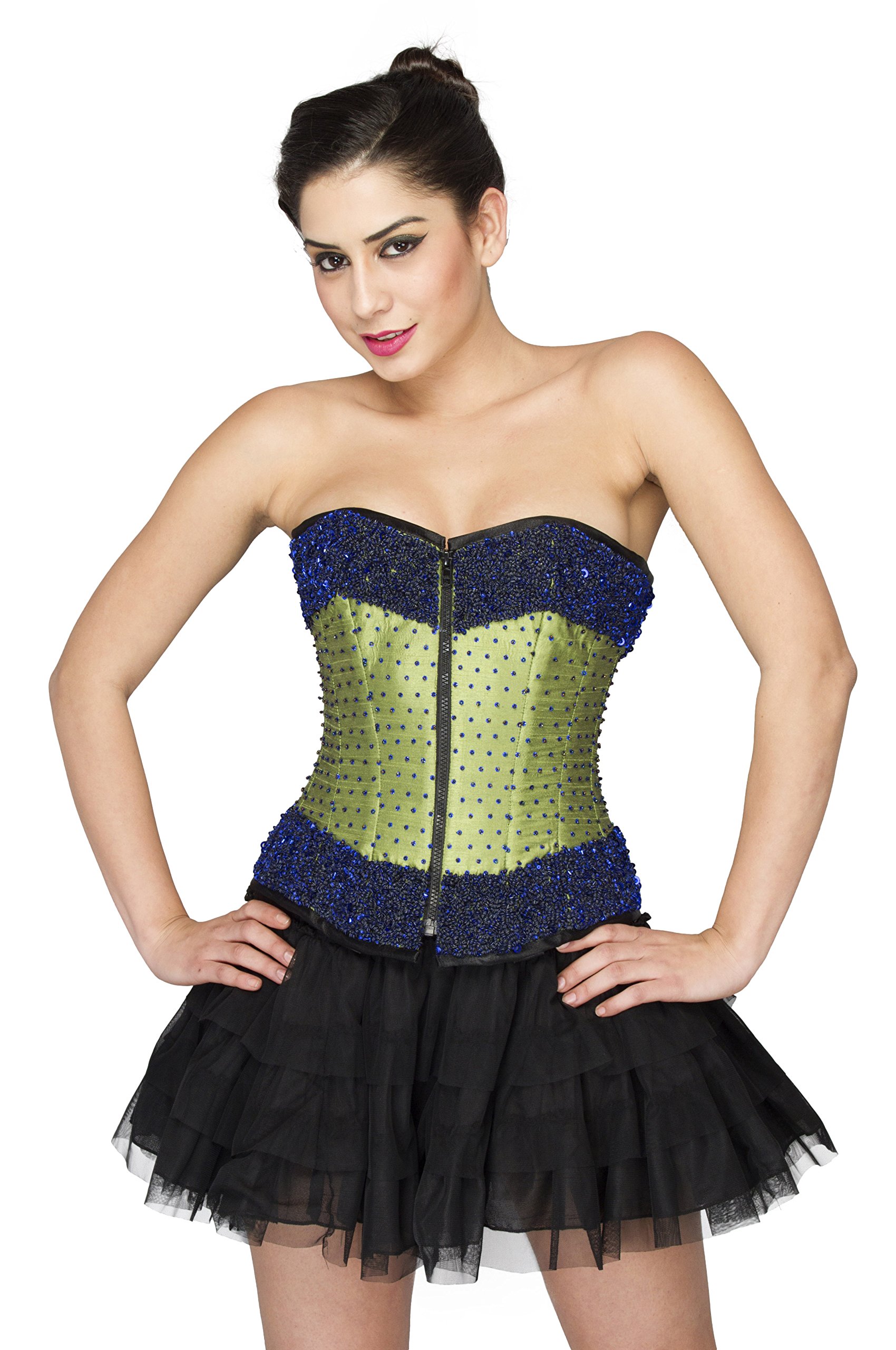 Elegant Green Satin & Blue Sequins Gothic Burlesque Corset Dress with Black Net Skirt - Perfect for Halloween, Cosplay, and Burlesque Performances