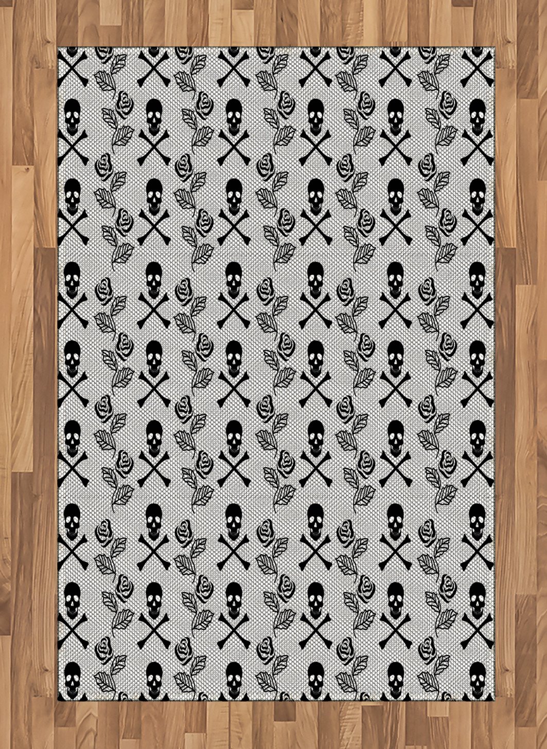Ambesonne Gothic Area Rug - Black & White Monochrome Lace Pattern with Vintage Roses & Skull Crossbones, Flat Woven Accent Rug 4'x5'7