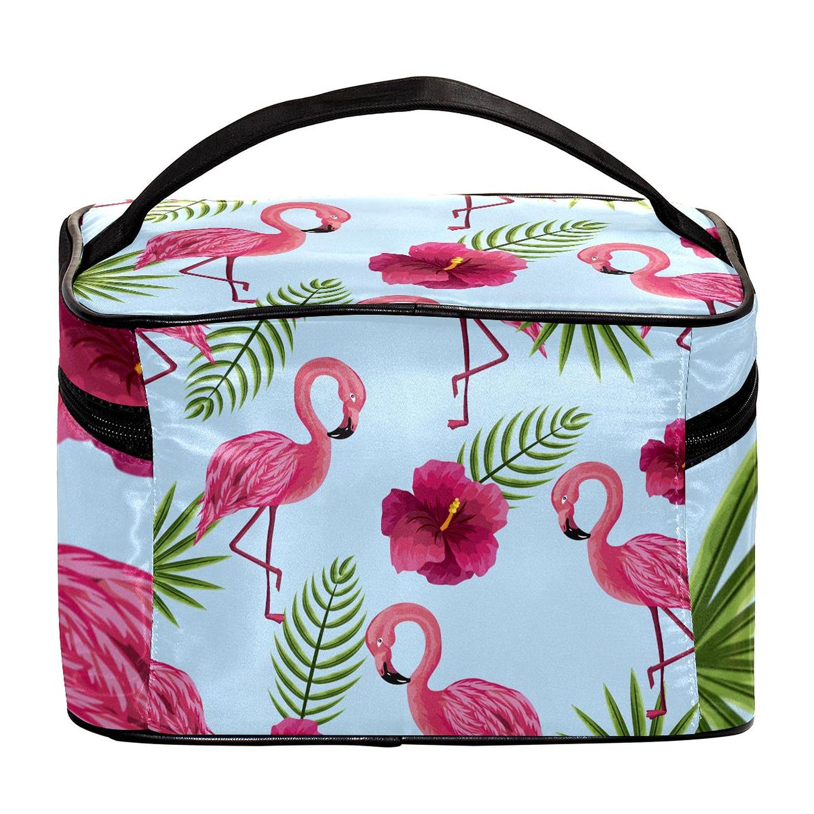 **Pink Flamingo Print Large Travel Makeup Bag with Green Leaves - Waterproof Cosmetic Organizer Case for Women & Girls - Perfect for Vacations, Gym, and Daily Essentials Storage**