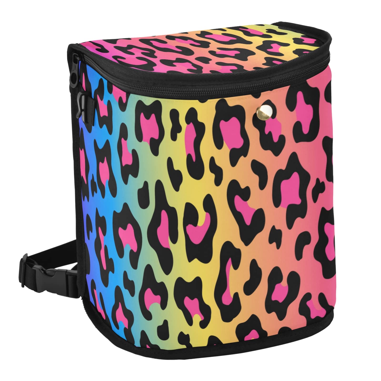 Leak Proof Car Trash Can with Aluminum Liner - Waterproof Hanging Car Garbage Bin, Multi-Purpose Vehicle Organizer Storage Bag for Waste Disposal - Perfect for Road Trips, Commuting & Family Travel (Rainbow Leopard Pattern)