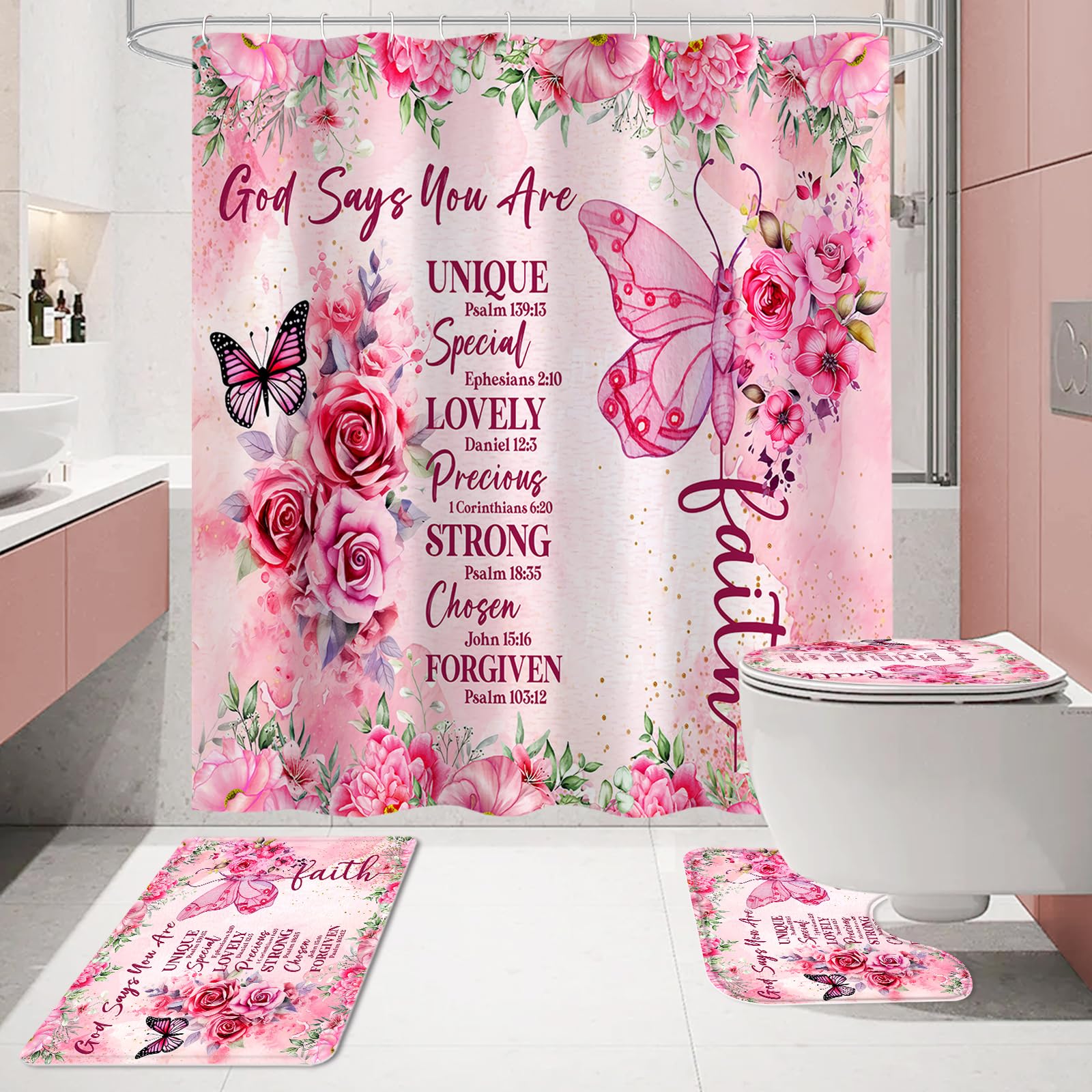 4 Pcs Pink Butterfly Inspirational Quotes Shower Curtain Set with Rugs & Toilet Cover - Waterproof Boho Bathroom Decor with Bible Verses & Floral Design - Perfect for Girls' Room, Guest Bathroom & Spa-Style Retreats