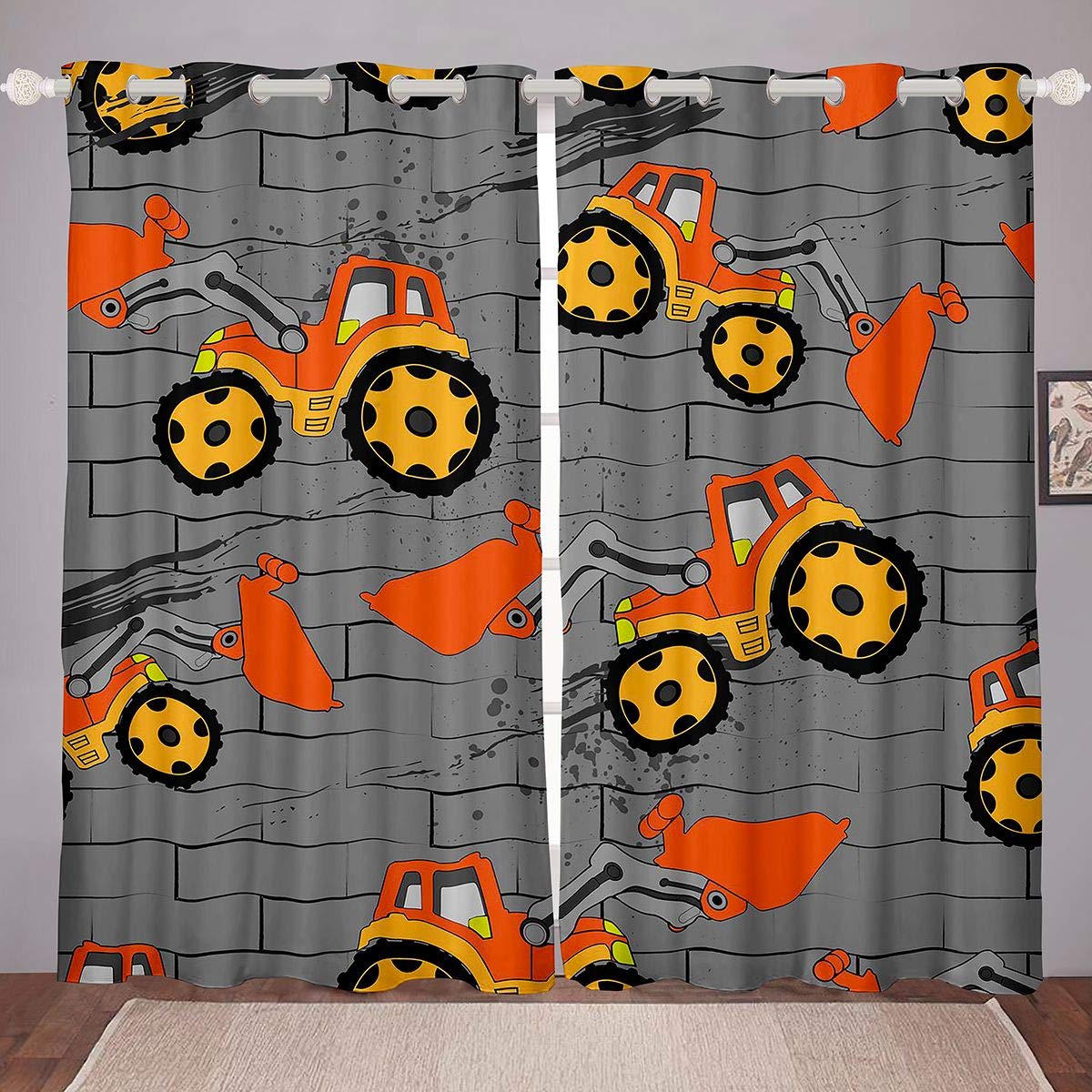 Excavator Curtains for Kids - Construction Vehicles Print Drapes for Bedroom & Playroom Decor