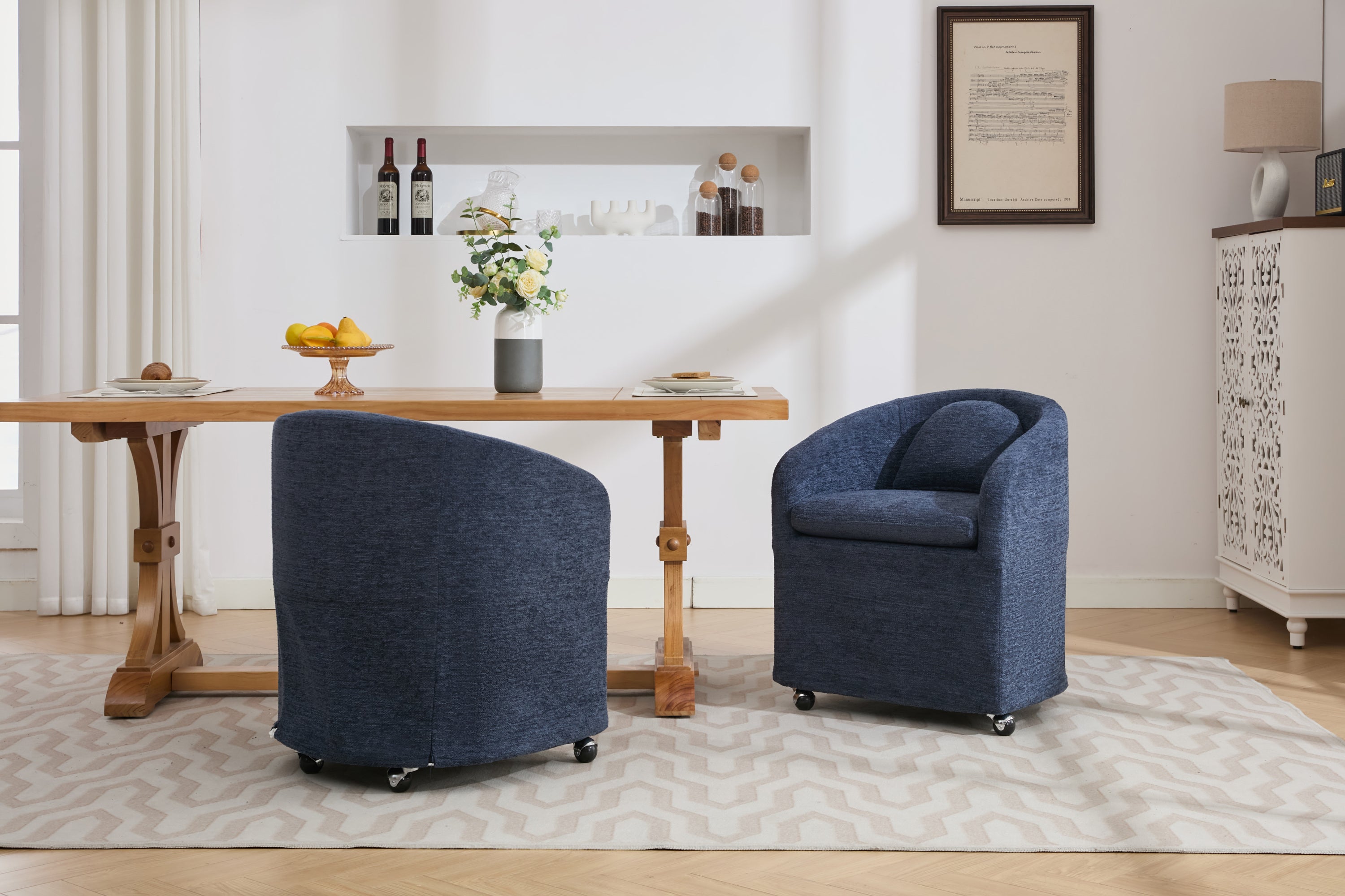 Blue Chenille Fabric Dining Armchair with Back Cushion & Universal Wheels - 1-Piece Set for Home, Office or Restaurant Use