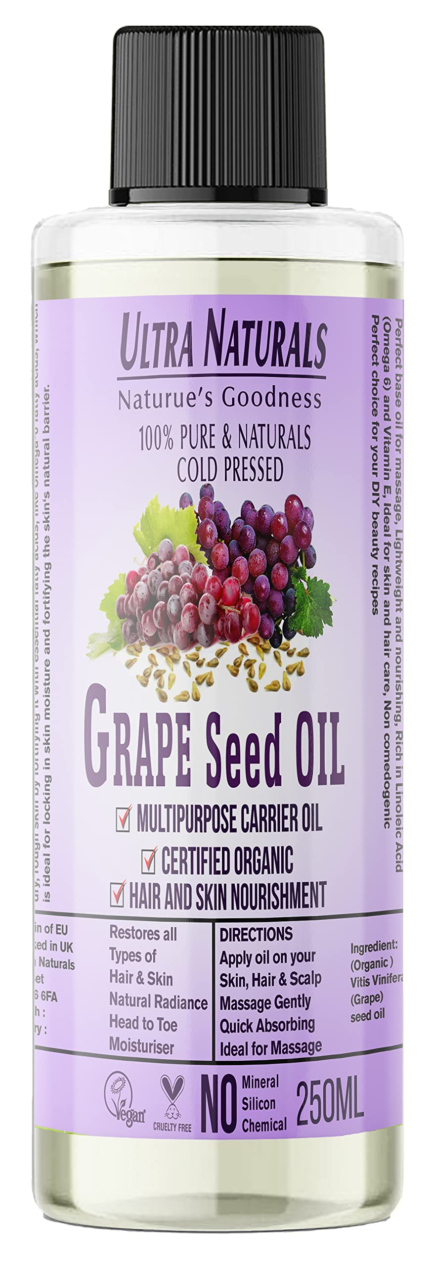 Ultra Naturals 100% Pure Cold Pressed Grapeseed Oil - Unrefined, Hexane-Free & Non-GMO - Lightweight Moisturizer for Skin, Hair & Massage - Natural Carrier Oil for Essential Oils - 8.5 fl oz (250ml) - Perfect for DIY Beauty, Aromatherapy & Cooking