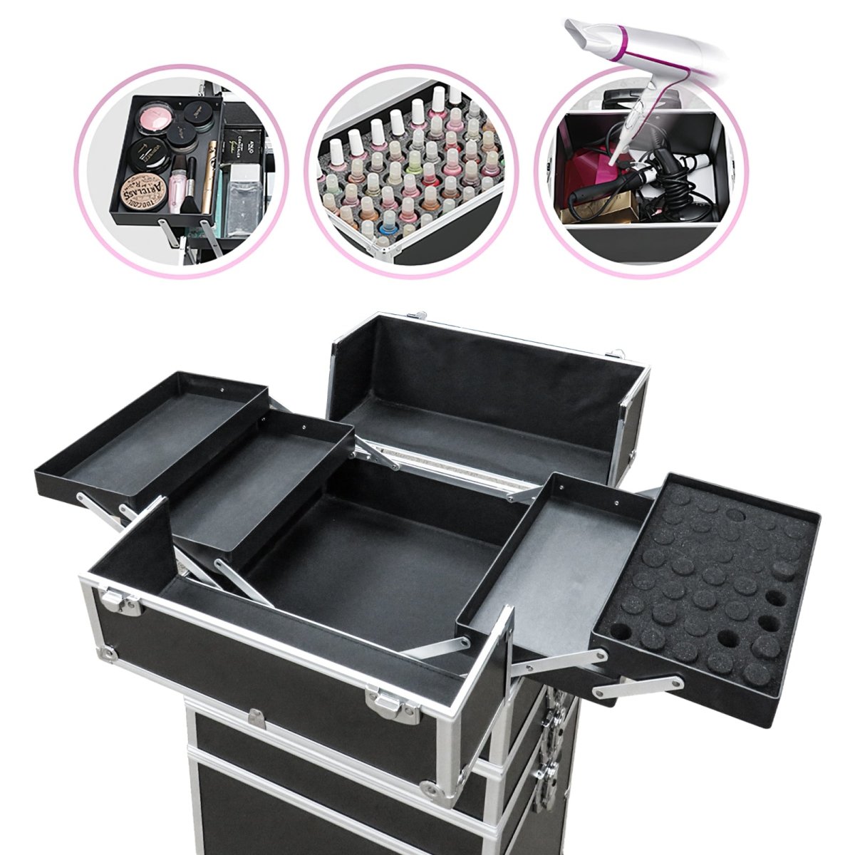 5 in 1 Portable Aluminum Makeup Train Case - Professional Cosmetic Organizer with Mirror & Storage Compartments | Perfect for Travel, Salon & Home Beauty Organization (Model MC181)