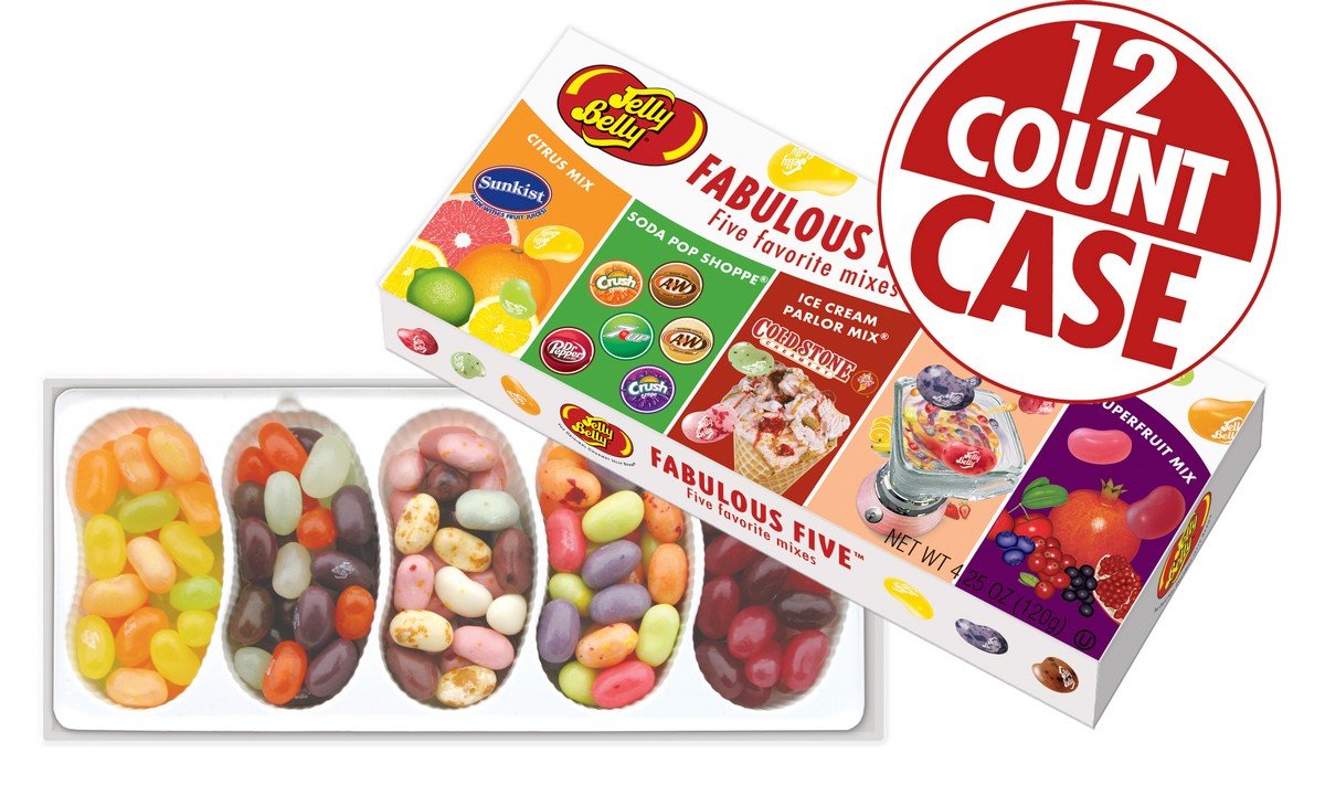 Jelly Belly Fabulous Five Assorted Flavor Jelly Beans Gift Box - 5 Flavor Mixes, 4.25 oz (12 Pack) - Perfect for Birthday Gifts, Party Favors & Office Treats