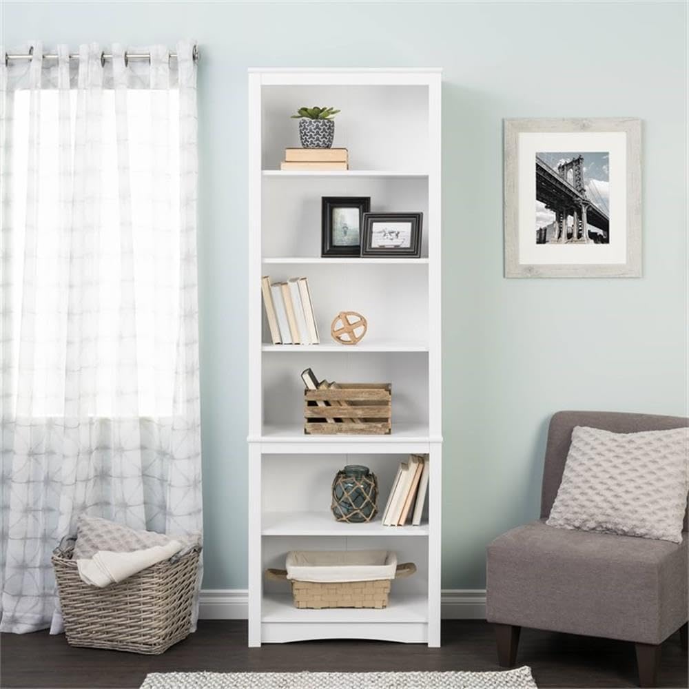 Pemberly Row Tall Contemporary 6 Shelf Bookcase in White - Modern Bookshelf for Living Room, Office & Study - Perfect for Home Decor & Book Storage