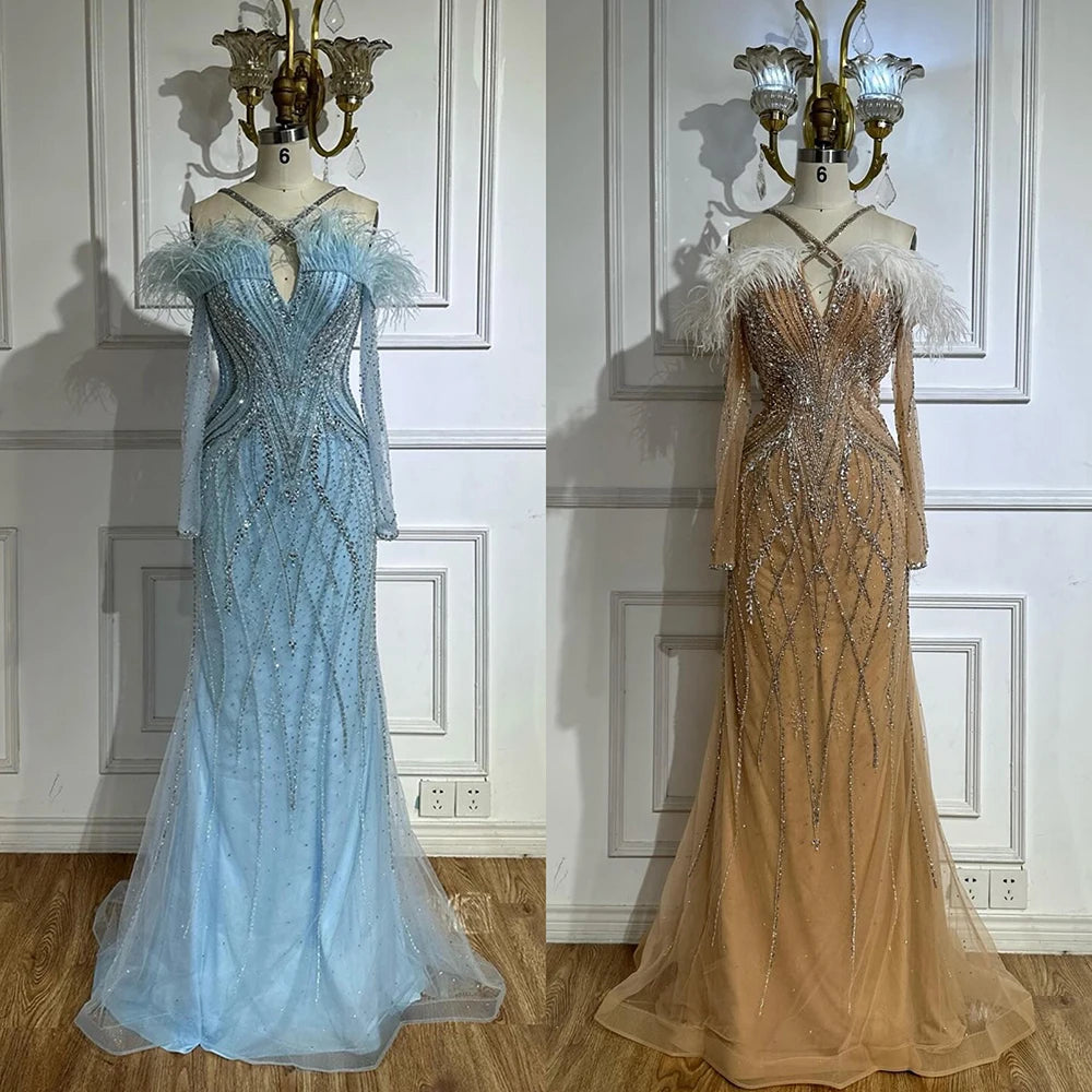 Luxury Dubai Blue Feather Beaded Mermaid Evening Gown for Women - Formal Dresses for Prom, Gala & Special Occasions - Elegant Beaded Sequin Gowns LA72836