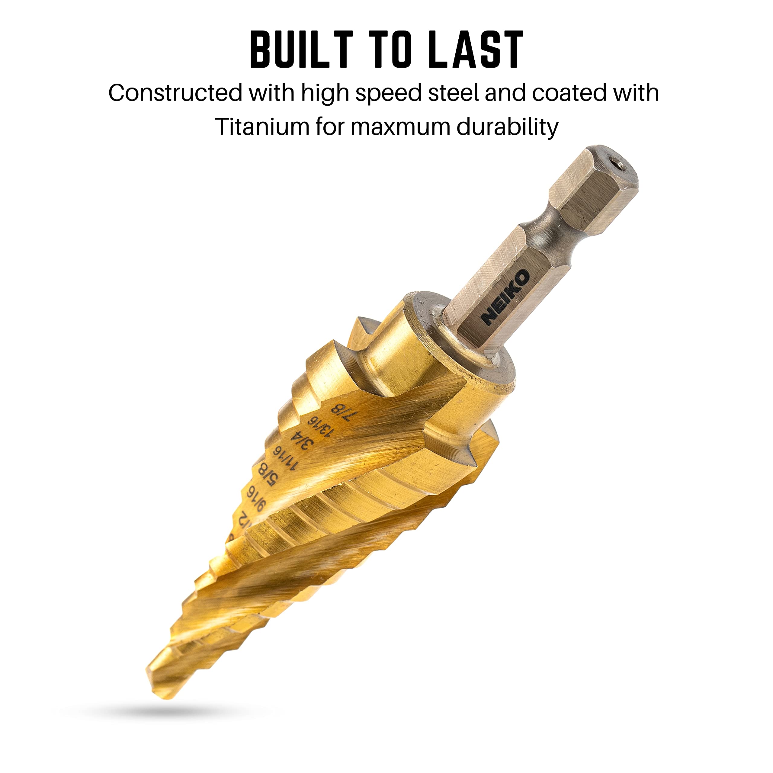 NEIKO 10180A High-Speed Steel Spiral Step Drill Bit Set - 12 Sizes in 1, Nitride-Coated 4-Flute Design for Metal, Wood & Plastic - Perfect for DIY Projects, HVAC, Electrical Work & Automotive Repairs