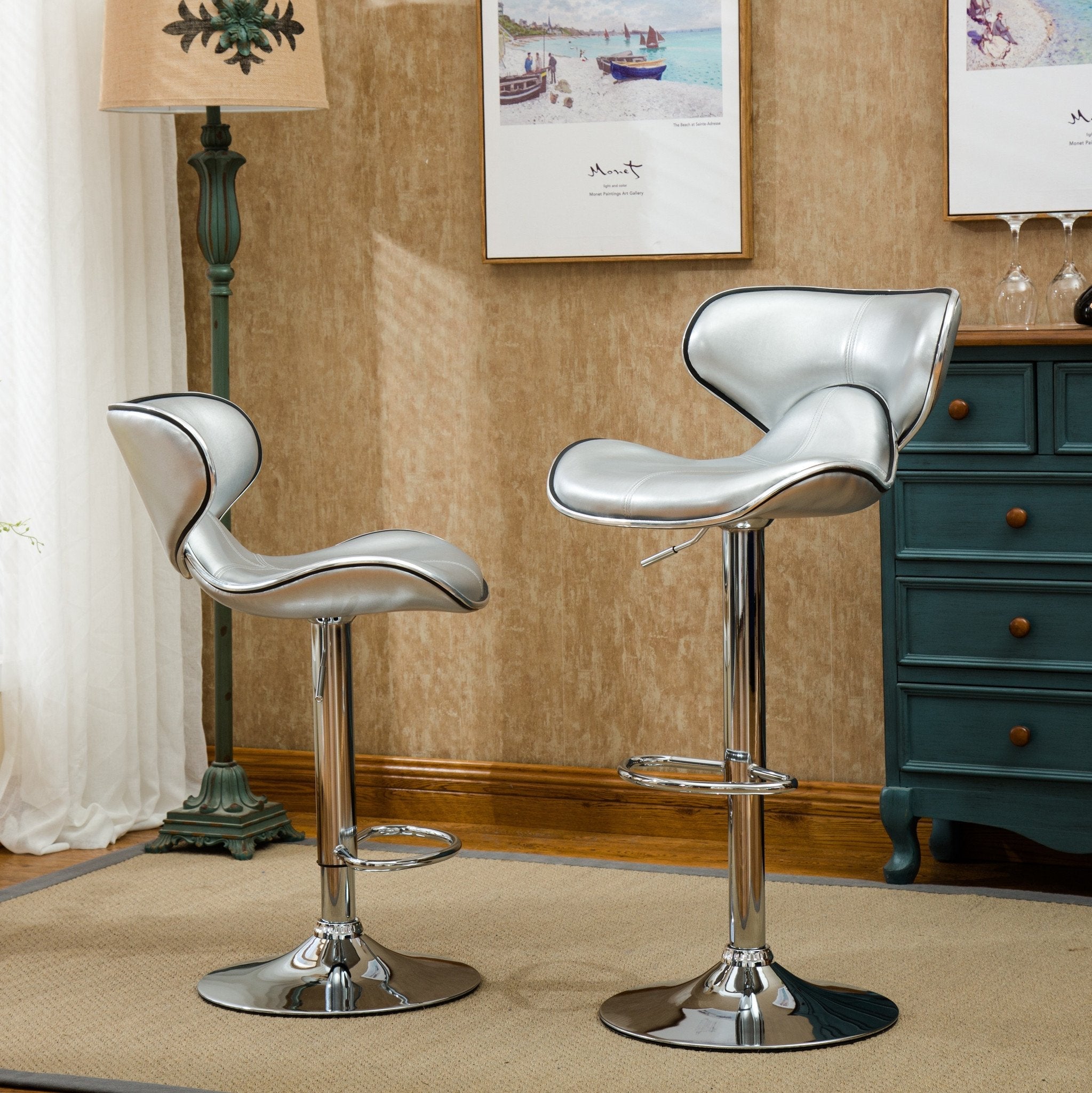 Roundhill Furniture Masaccio Adjustable Swivel Bar Stool - Set of 2, Leatherette Upholstered with Chrome Base, Silver - Perfect for Kitchen Islands, Home Bars & Counter Height Dining