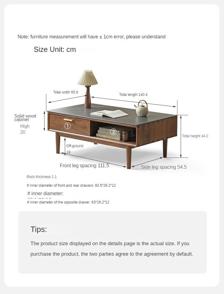 Solid Black Walnut Wood Storage Coffee Table with Rock Plate - Rustic Living Room Furniture for Home Decor & Organization