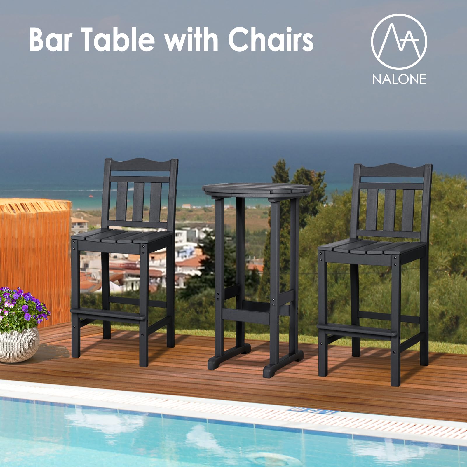 Premium HDPE Outdoor Bar Chairs and Table Set - 3-Piece Adirondack Style Balcony Furniture for Garden, Yard, Backyard - Weather-Resistant Patio Bar Stools Set for Outdoor Entertaining & Relaxation