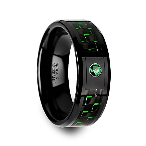 Hadar Black Ceramic Wedding Band Ring with Black & Green Carbon Fiber Inlay & Emerald Stone - 8mm Wide - Perfect for Men's Wedding, Engagement, Anniversary & Everyday Wear