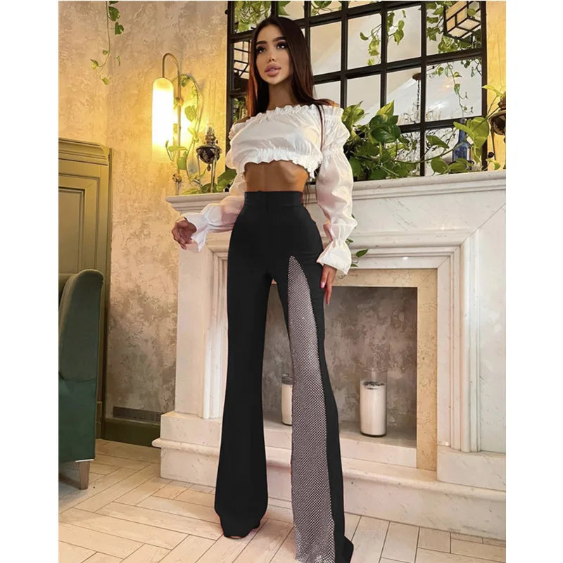 Black Red White Rayon Bandage Wide Leg Pants for Women - Sexy High Waist Summer Fashion Pants with Diamond Keyhole Design - Perfect for Beach, Party & Celebrity Style Outfits