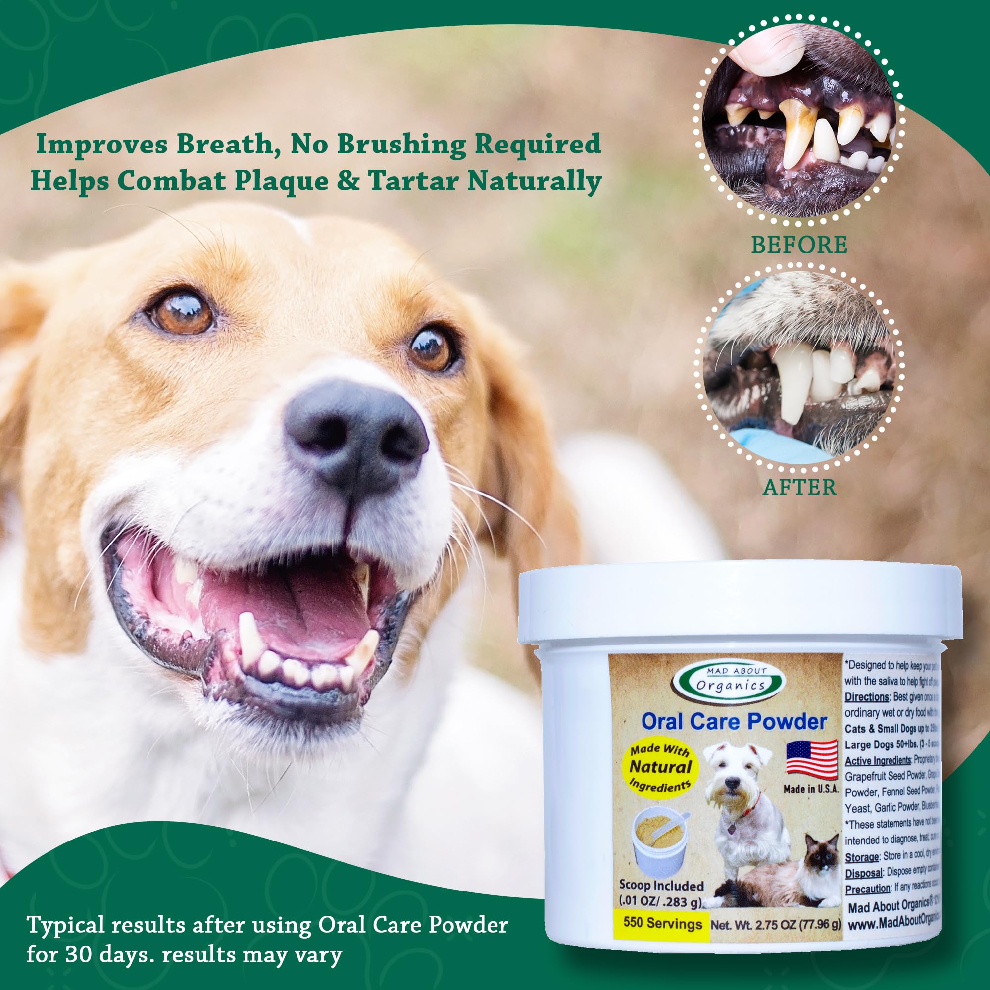 Natural Dog & Cat Dental Powder - Tartar & Plaque Remover for Fresh Breath | Pet Teeth Cleaning Powder for Oral Hygiene | 550 Servings (77.96g) | Perfect for Daily Dental Care & Bad Breath Prevention