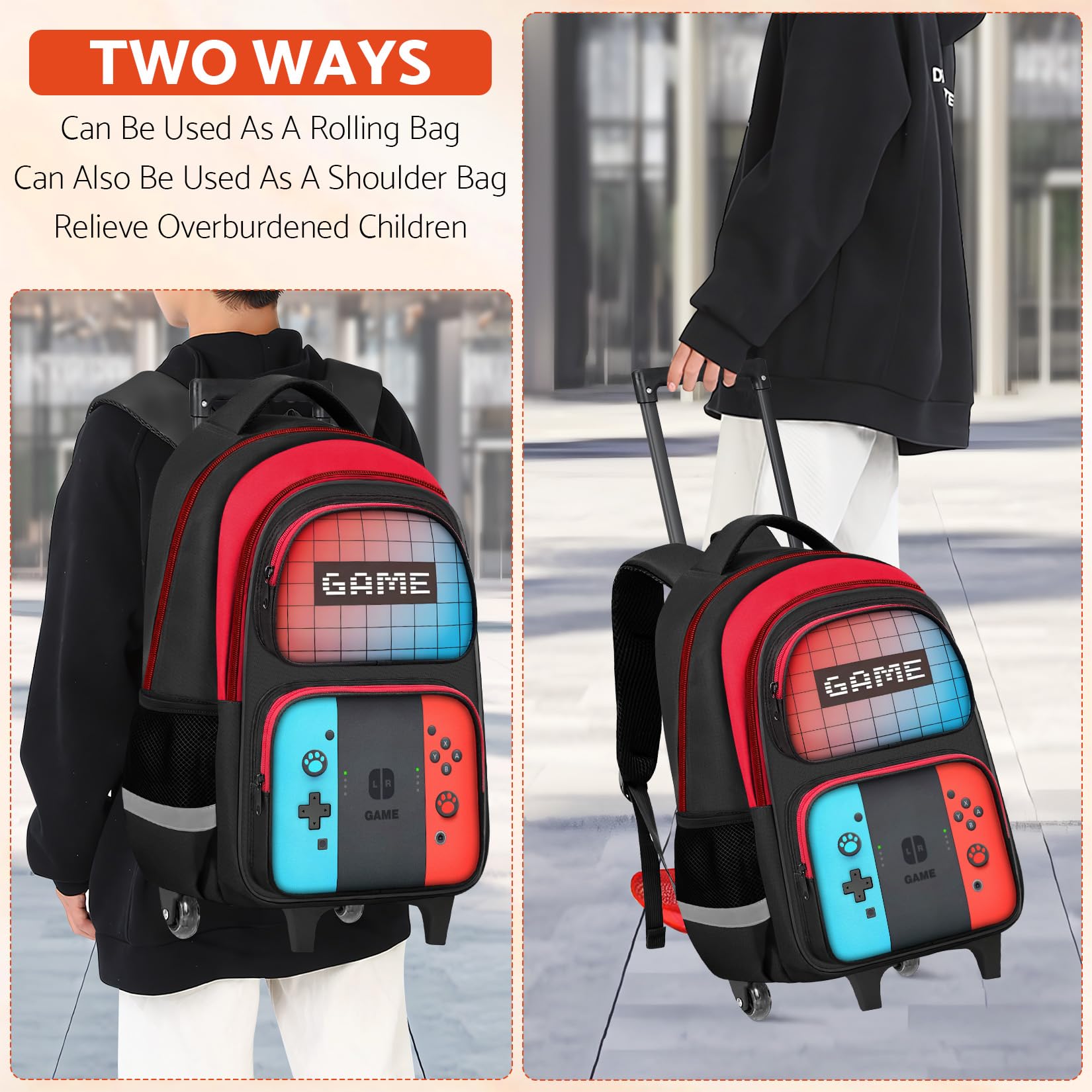 Gamer Kids Rolling Backpack with Wheels for Boys Aged 6-18 - Lightweight Wheeled School Bookbag for Elementary & Middle School Students - Durable Travel Backpack for School, Gaming Conventions & Daily Commute