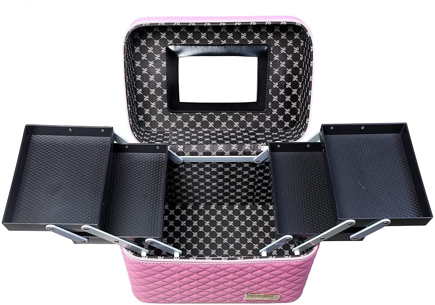 Sooyee 4-Layer Foldable Makeup Bag with Mirror - Pink Cosmetic Organizer & Travel Train Case for Women | Perfect for Travel, Home Storage & On-the-Go Touch Ups