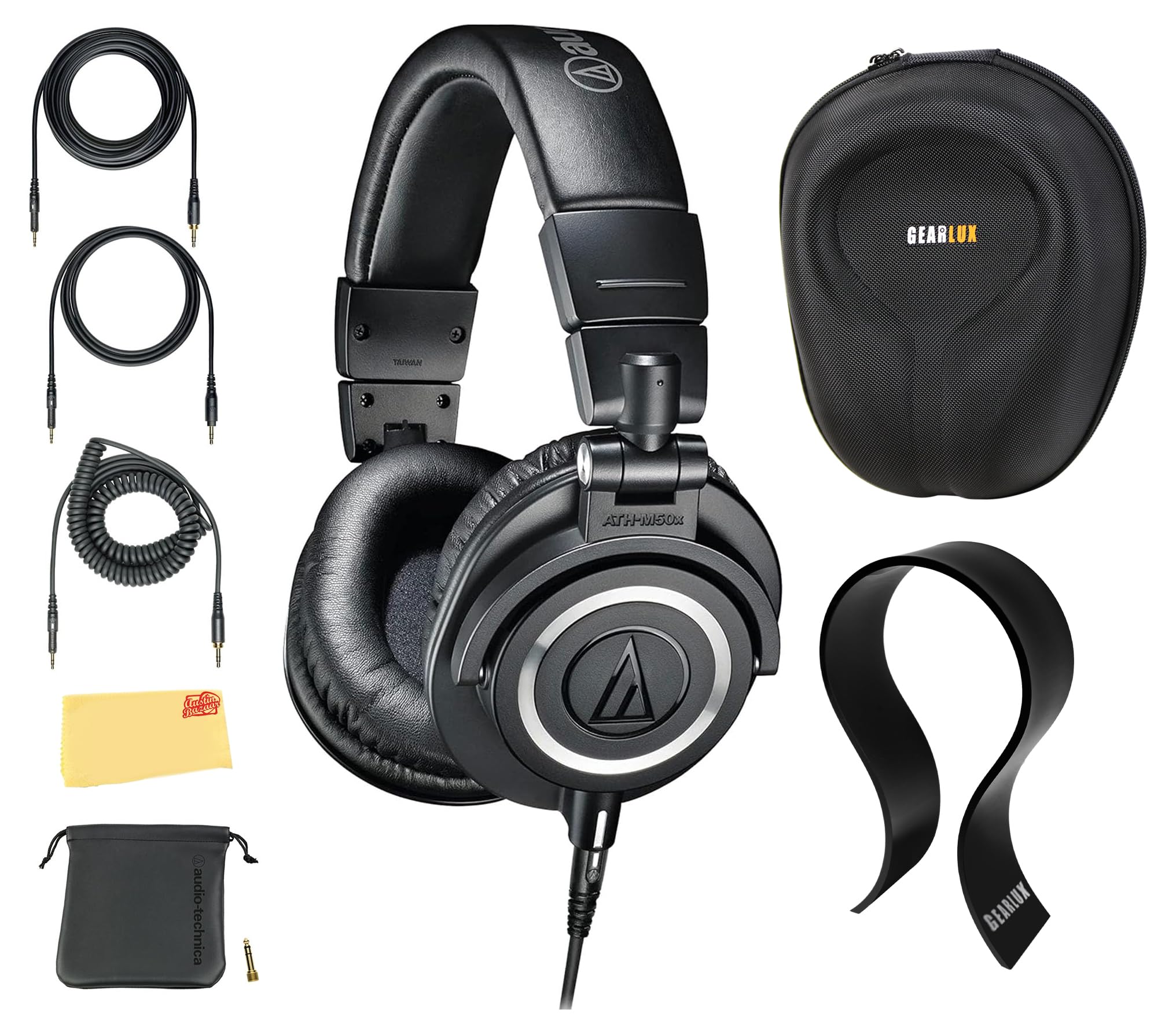 Audio-Technica ATH-M50x Professional Studio Monitor Headphones - Black with Carrying Case, Headphone Stand & Cleaning Cloth | Perfect for Music Production, DJing & Home Recording Studios