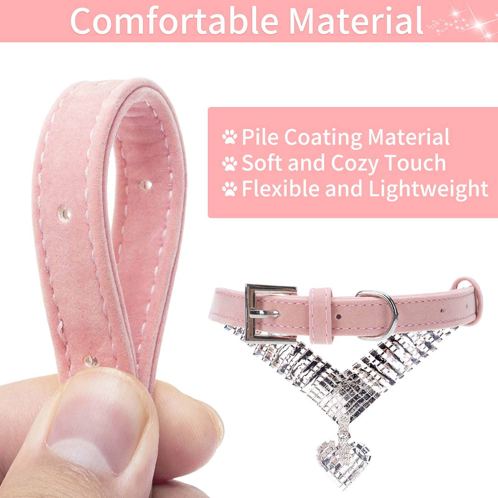 EXPAWLORER Sparkling Rhinestone Dog Collar - Soft Velvet Adjustable Pet Necklace for Small Medium Dogs & Cats, Cute Puppy Accessory for Girl Boy Pets (Pink) | Perfect for Daily Walks, Pet Parties & Photo Shoots