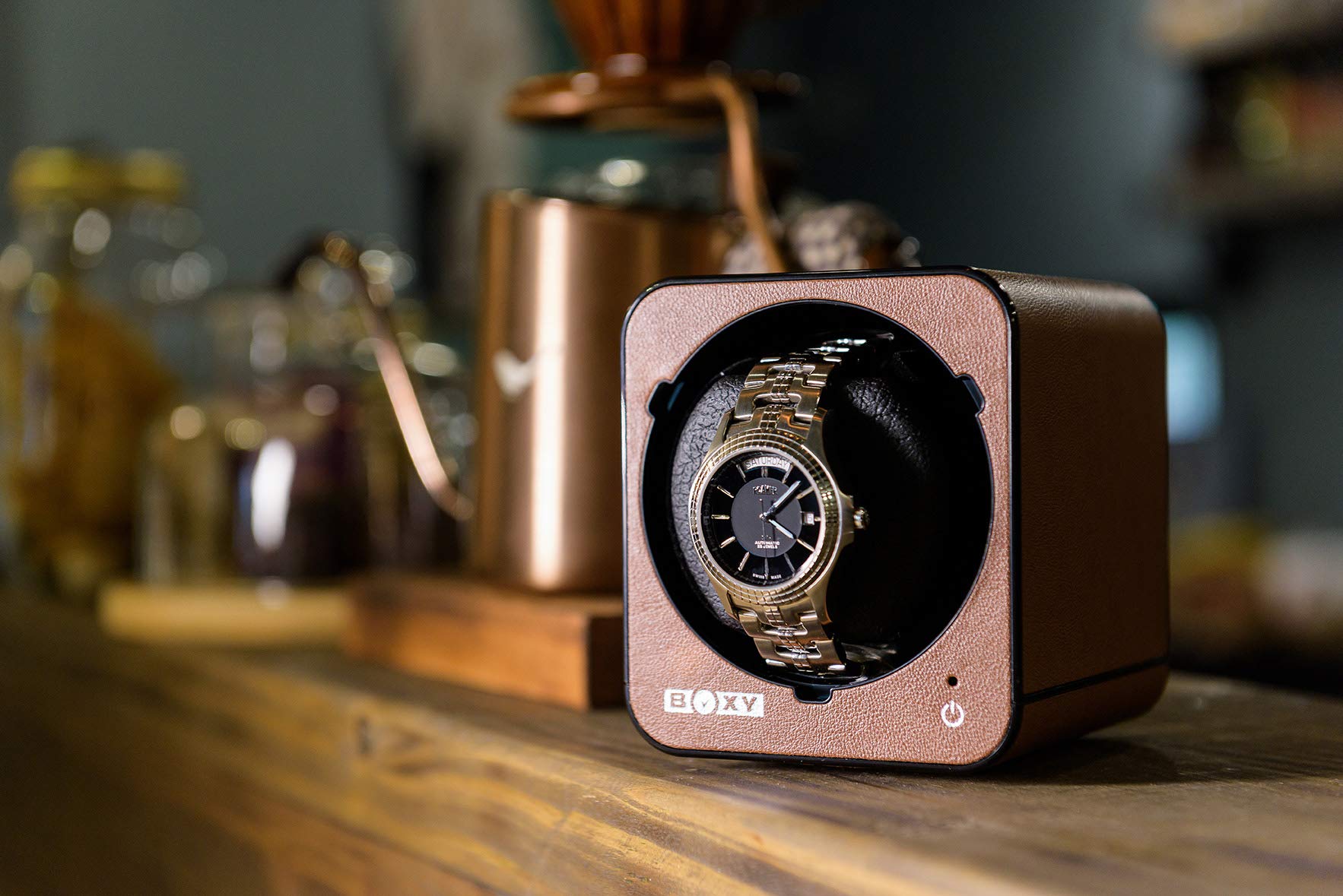 Premium Boxy Leather Watch Winder for Automatic Watches - Handcrafted Brown Genuine Leather Case with Silent Motor (Made in Taiwan) - Perfect for Watch Collectors & Luxury Timepiece Storage at Home or Office