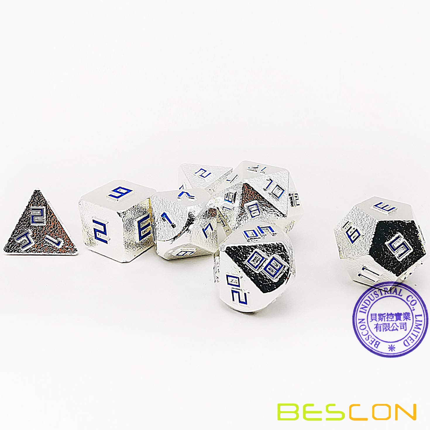 Bescon Shiny Silver-Ore Lode Solid Metal Dice Set - Premium Raw Metal Polyhedral D&D RPG 7-Piece Dice Collection for Tabletop Gaming, Dungeons & Dragons, and Role Playing Adventures