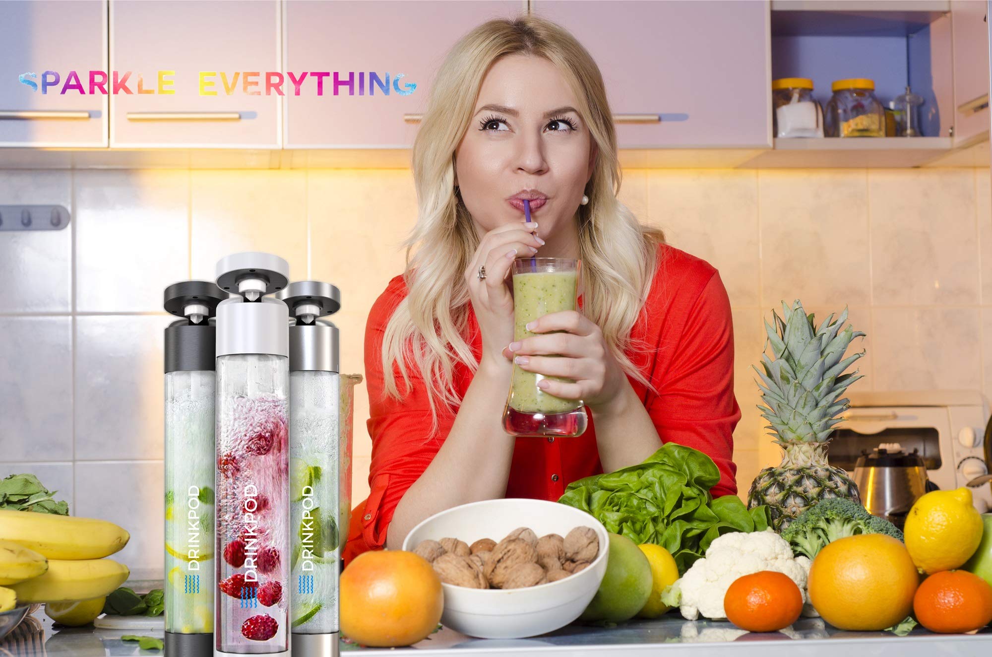 FIZZpod Soda Maker Machine - Make Sparkling Water, Juice, Coffee, Tea & Cocktails at Home | Includes 3 BPA-Free Bottles, 3 Caps, Carbonator Cap & Manual | Perfect for Kitchen, Office & Parties (White + 2 CO2 Cylinders)