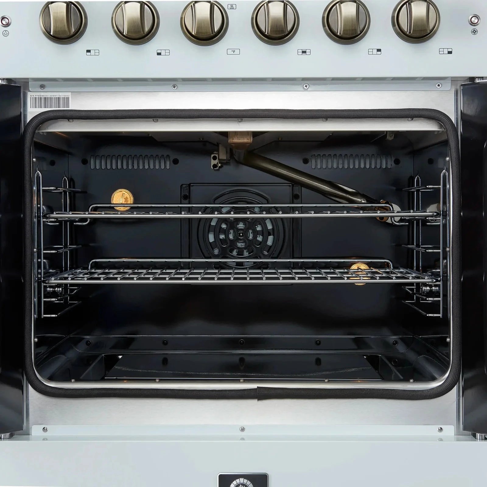 Forno Galiano 30-Inch Freestanding All Gas Range with French Doors - White Finish & Antique Brass Trim (Model FFSGS6444 30WHT) | Perfect for Modern Kitchens, Home Chefs & Gourmet Cooking