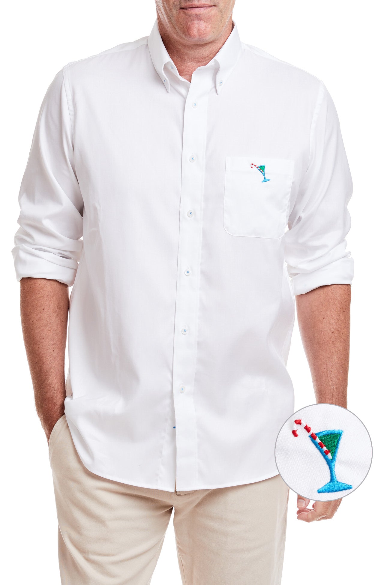 Men's White Oxford Shirt with Single Martini Candy Cane Print - Classic Casual Button Down Shirt for Office, Party & Holiday Events