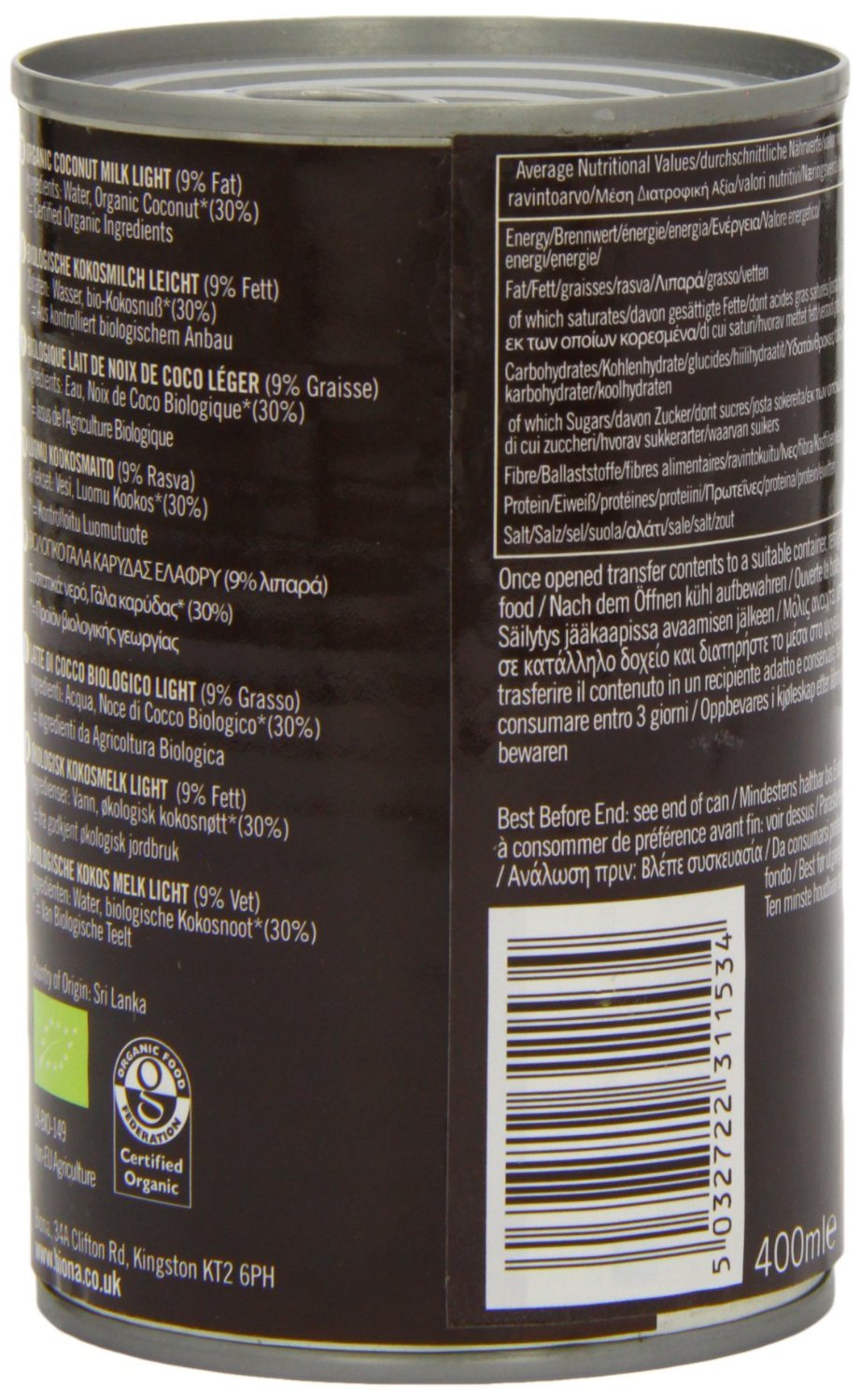 Biona Organic Light Coconut Milk - 9% Fat, 400ml | Vegan, Dairy-Free, Gluten-Free | Perfect for Smoothies, Curries & Baking