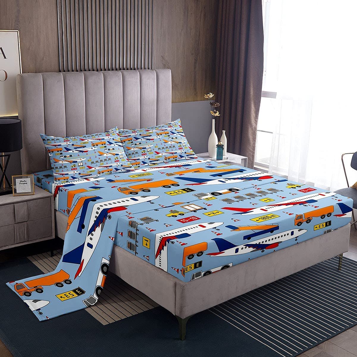 Kids Airplane Bedding Set - 4Pcs Queen Size Aircraft Themed Fitted Sheet with Cars & Traffic Lights Decor for Boys Room | Perfect for Aviation Lovers' Bedroom & Transportation Themed Nursery