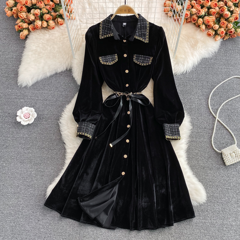French Retro Velvet Elegant Dress for Women - Autumn Winter Vintage Style Long Sleeve Party Gown (Style 1397) | Perfect for Holiday Parties, Date Nights & Formal Occasions