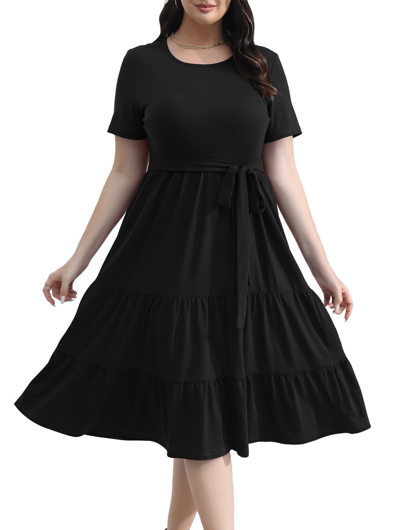 Elegant Plus Size Floral Midi Dress for Women 2025 - Tiered Flowy Belted Modest Wedding Guest Dress with Pockets | Perfect for Weddings, Parties & Special Occasions