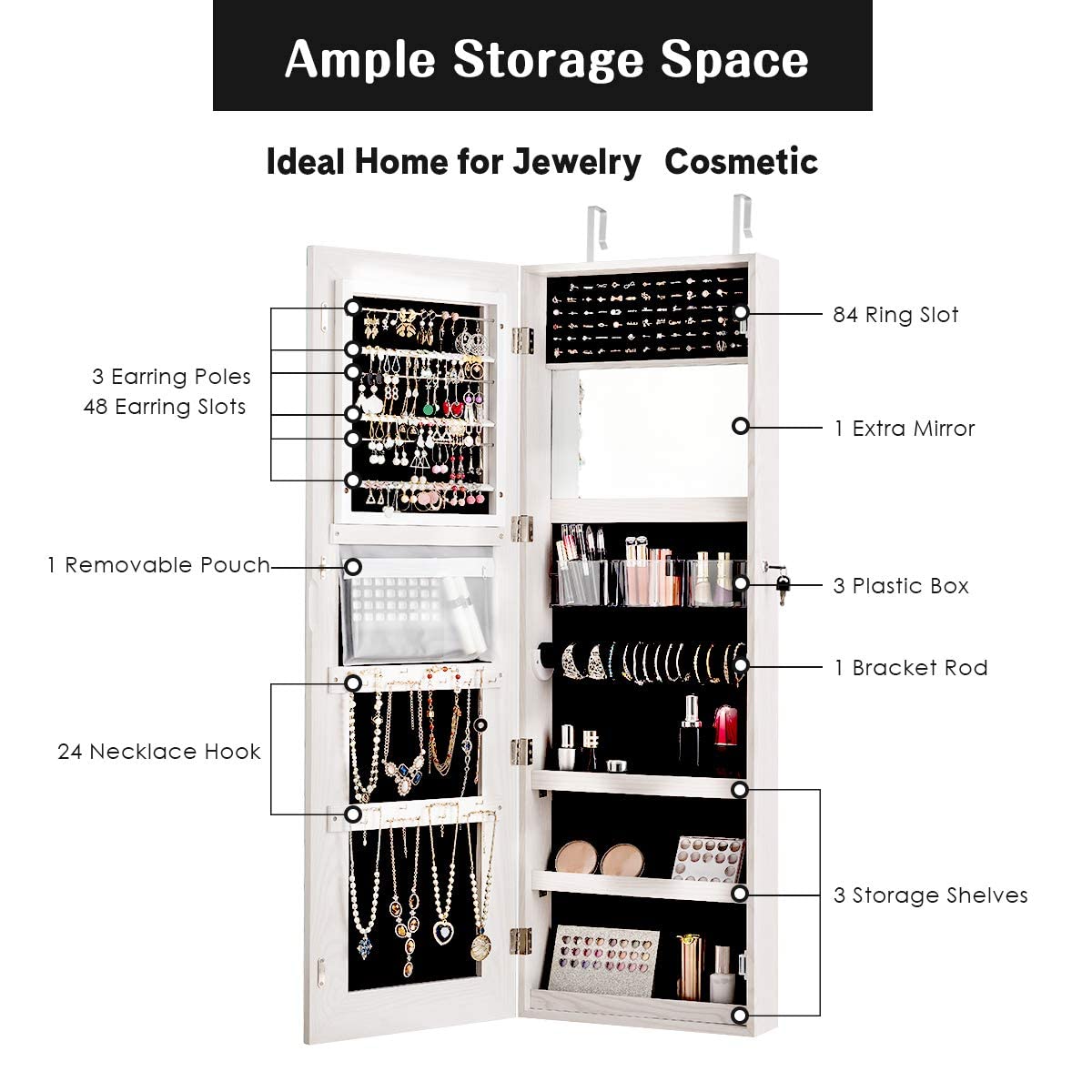 MAT EXPERT Wall/Door Mounted Jewelry Cabinet with LED Lights & Touch-Screen Mirror - White Lockable Jewelry Organizer for Necklaces, Rings & Makeup - Perfect for Bedroom, Closet & Dressing Room Organization