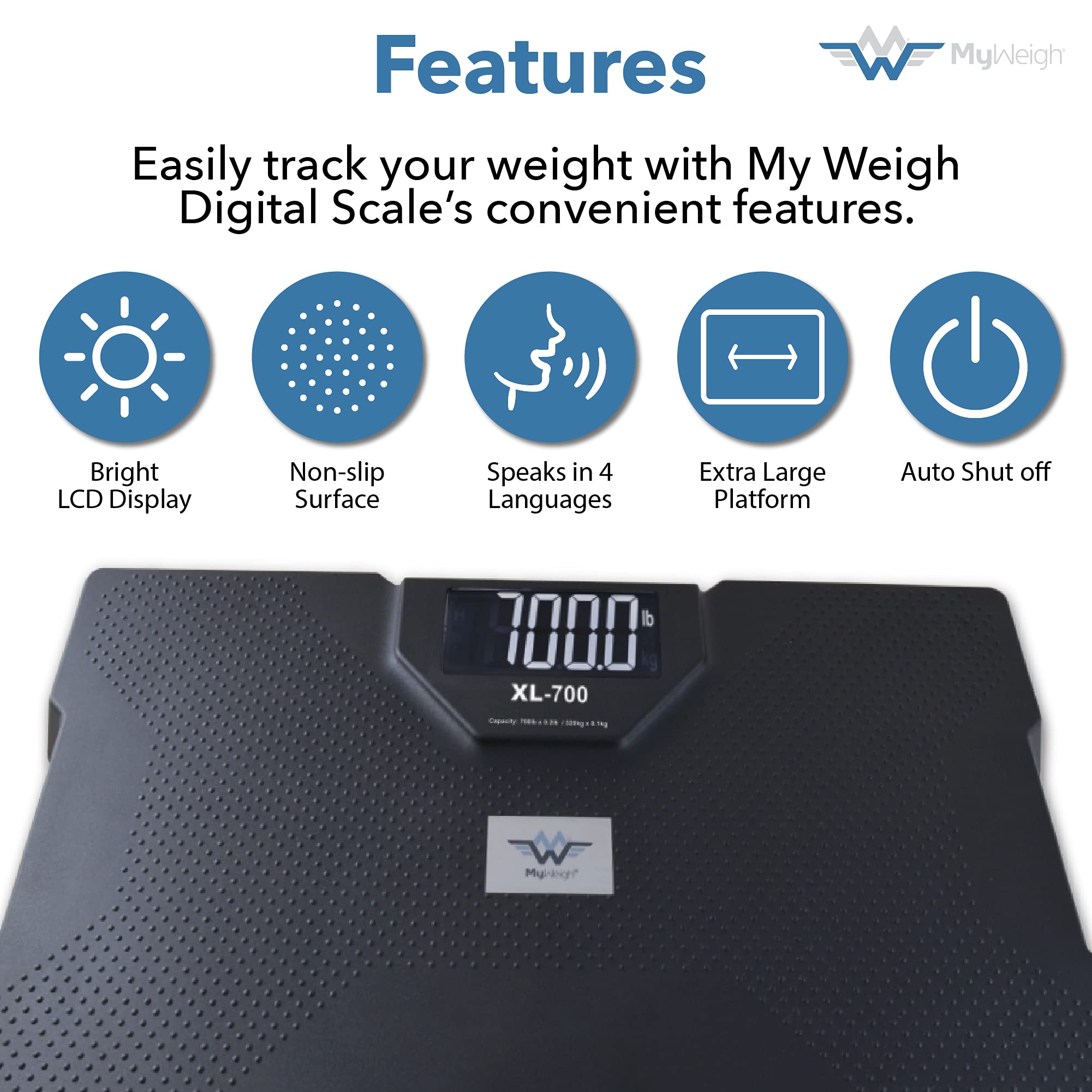 My Weigh XL-700 Digital Talking Bathroom Scale - 700 lb/320 kg Capacity - Voice Announcement for Visually Impaired - Perfect for Home, Gym & Healthcare Use