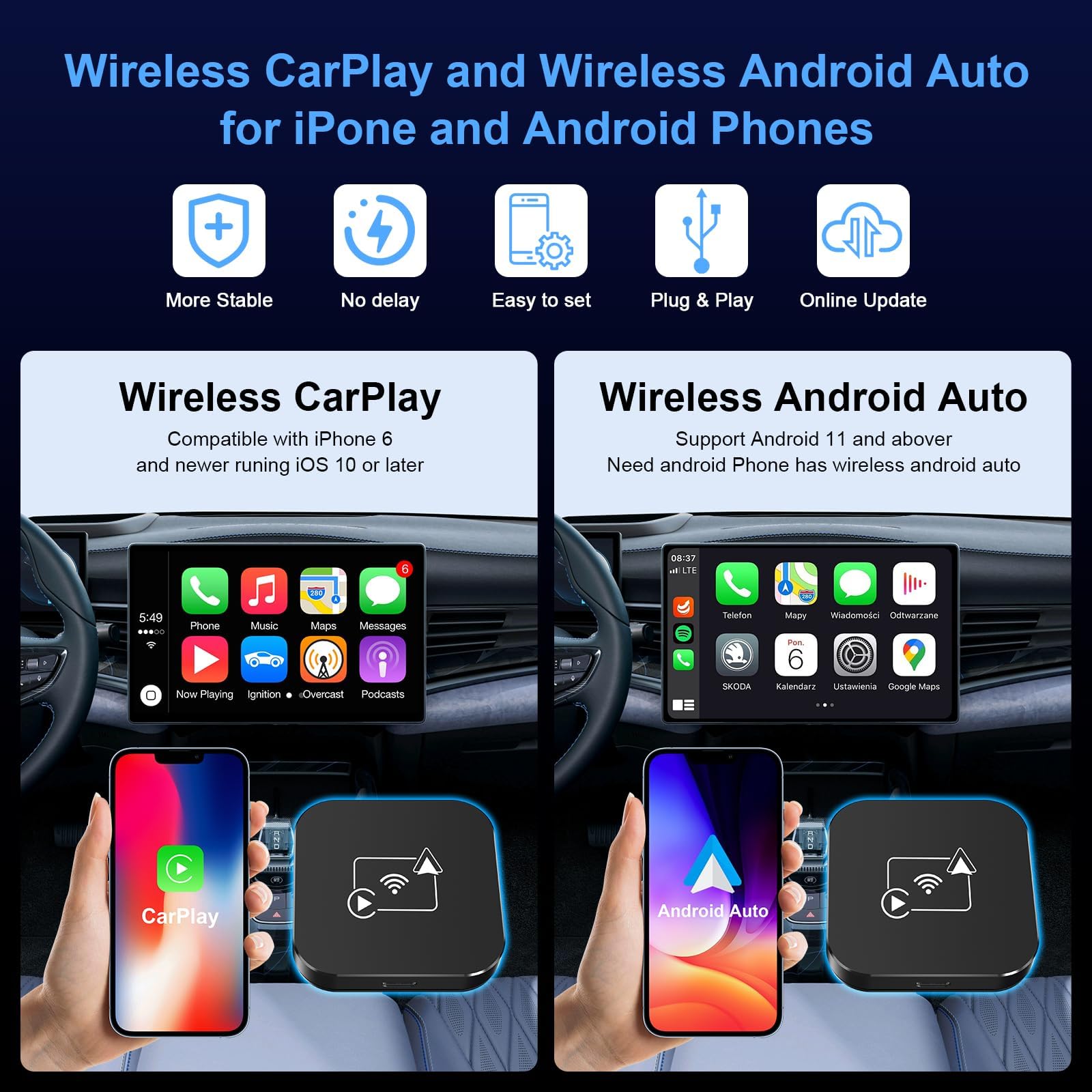 2024 Upgraded Wireless Android Auto & CarPlay Adapter - Convert OEM Wired to Wireless Connection with USB-C/USB-A Cables (Black) | Seamless Smartphone Integration for Safer Driving & Hands-Free Navigation