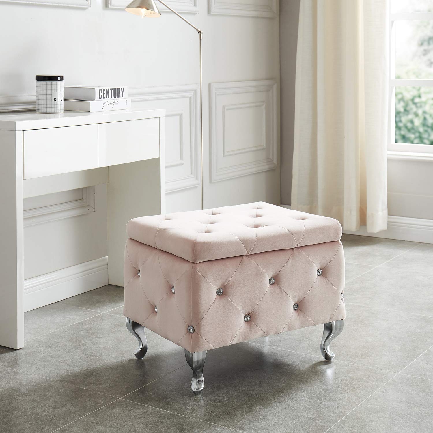 Overstock !nspire Square Storage Ottoman with Velvet Upholstery & Metal Legs in Blush Pink - Perfect for Living Room, Bedroom, or Home Office Storage & Seating