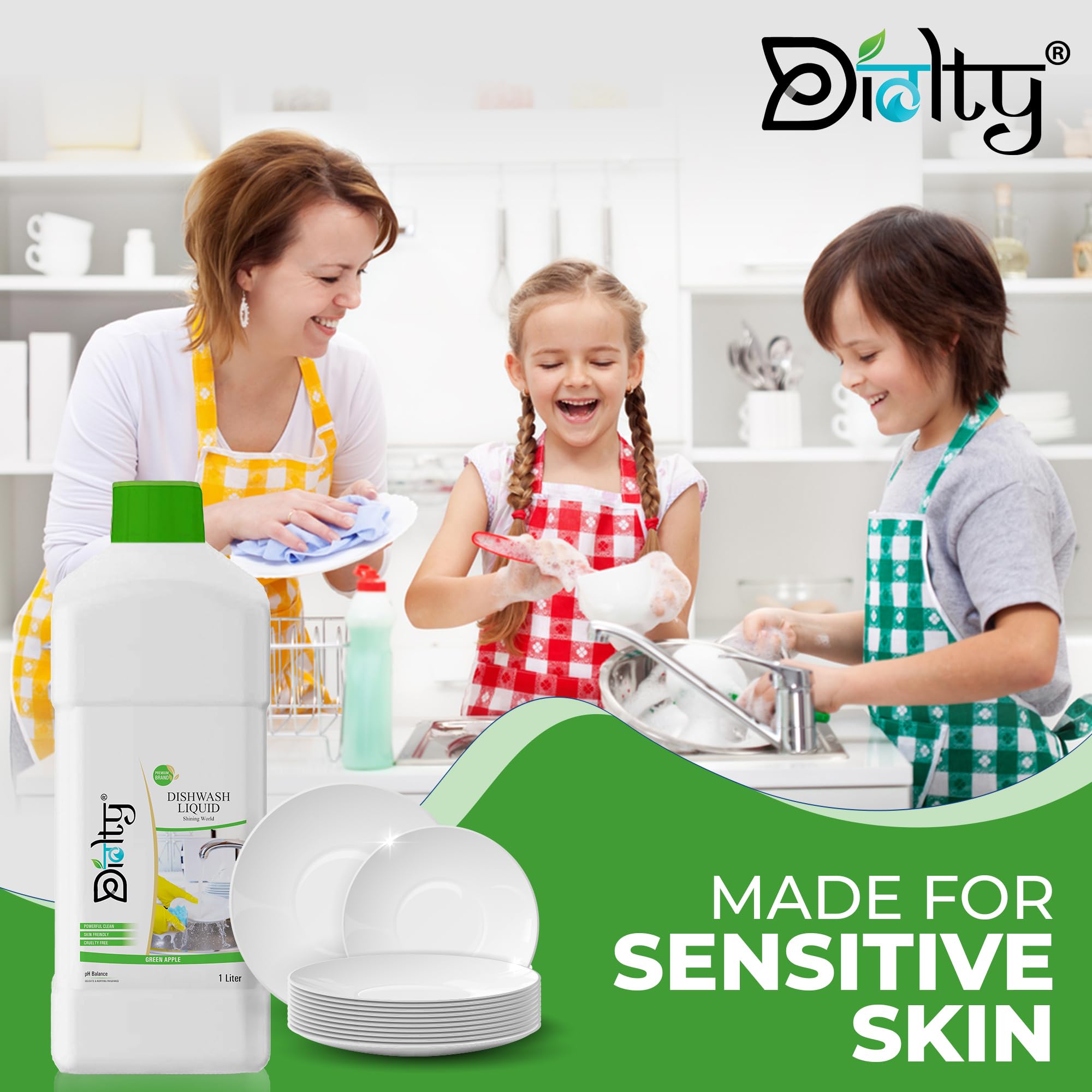 Diolty Lemon Scented Dishwashing Liquid Gel - 1L Grease Cleaner for All Utensils | Eco-Friendly Kitchen & Household Cleaning Solution (Green Apple Fragrance)