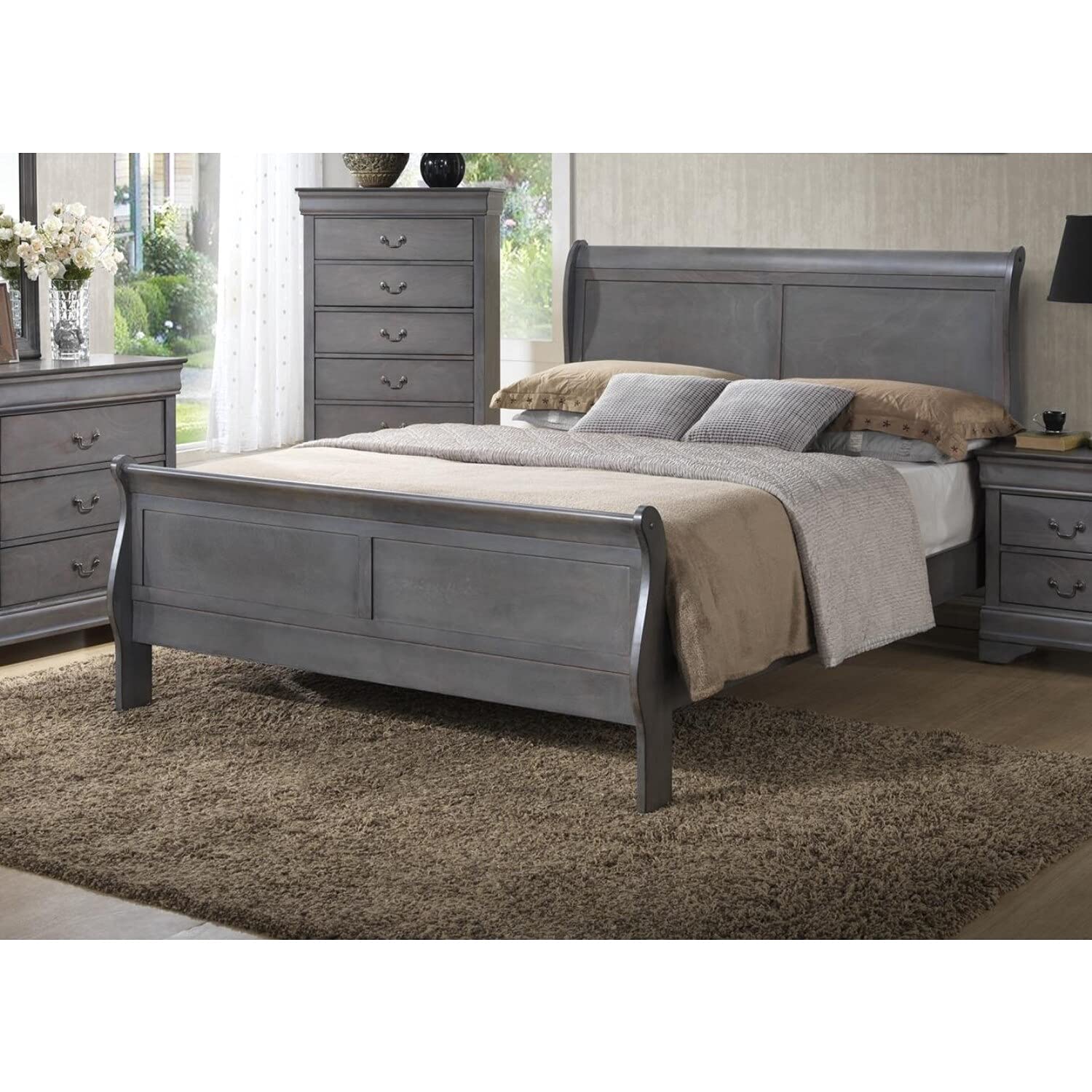 MYCO Furniture Louis Philippe Queen Size Bed Frame in Gray - Elegant Bedroom Furniture for Master & Guest Rooms