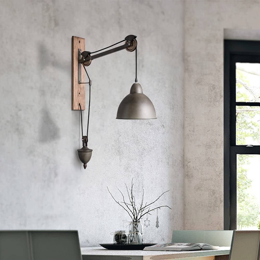 Vintage Industrial Wall Sconce - Adjustable Pulley Lift Wall Lamp with Iron Art Design for Bedroom, Loft, Bar & Reading Nook | Rustic American Farmhouse Lighting Fixture | Perfect for Bedside, Study & Creative Spaces