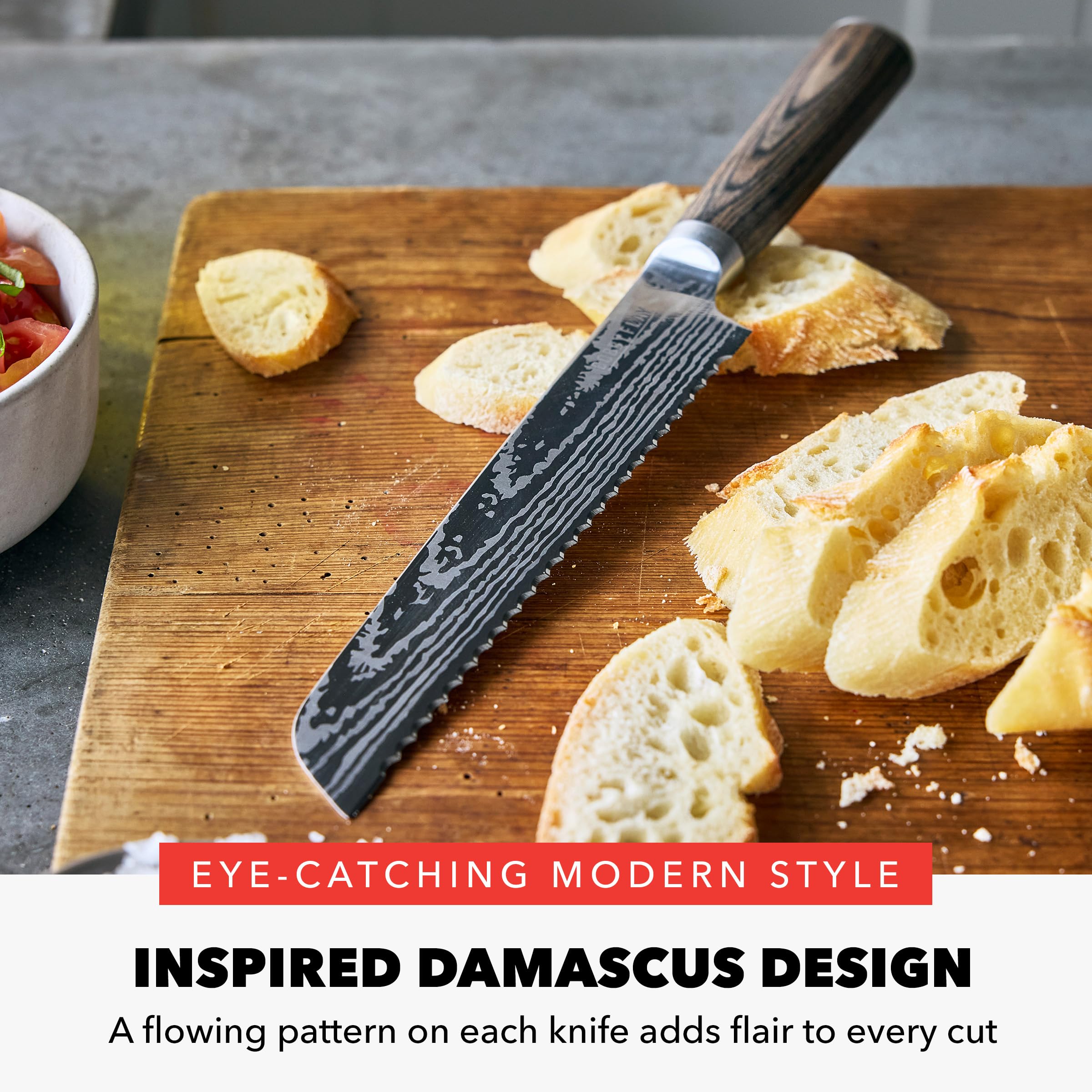 GreenPan x Bobby Flay 13-Piece Stainless Steel Knife Set with Acacia Wood Block - Premium Damascus Steel Kitchen Knives for Professional Chefs & Home Cooking - Perfect for Slicing, Dicing, and Food Prep