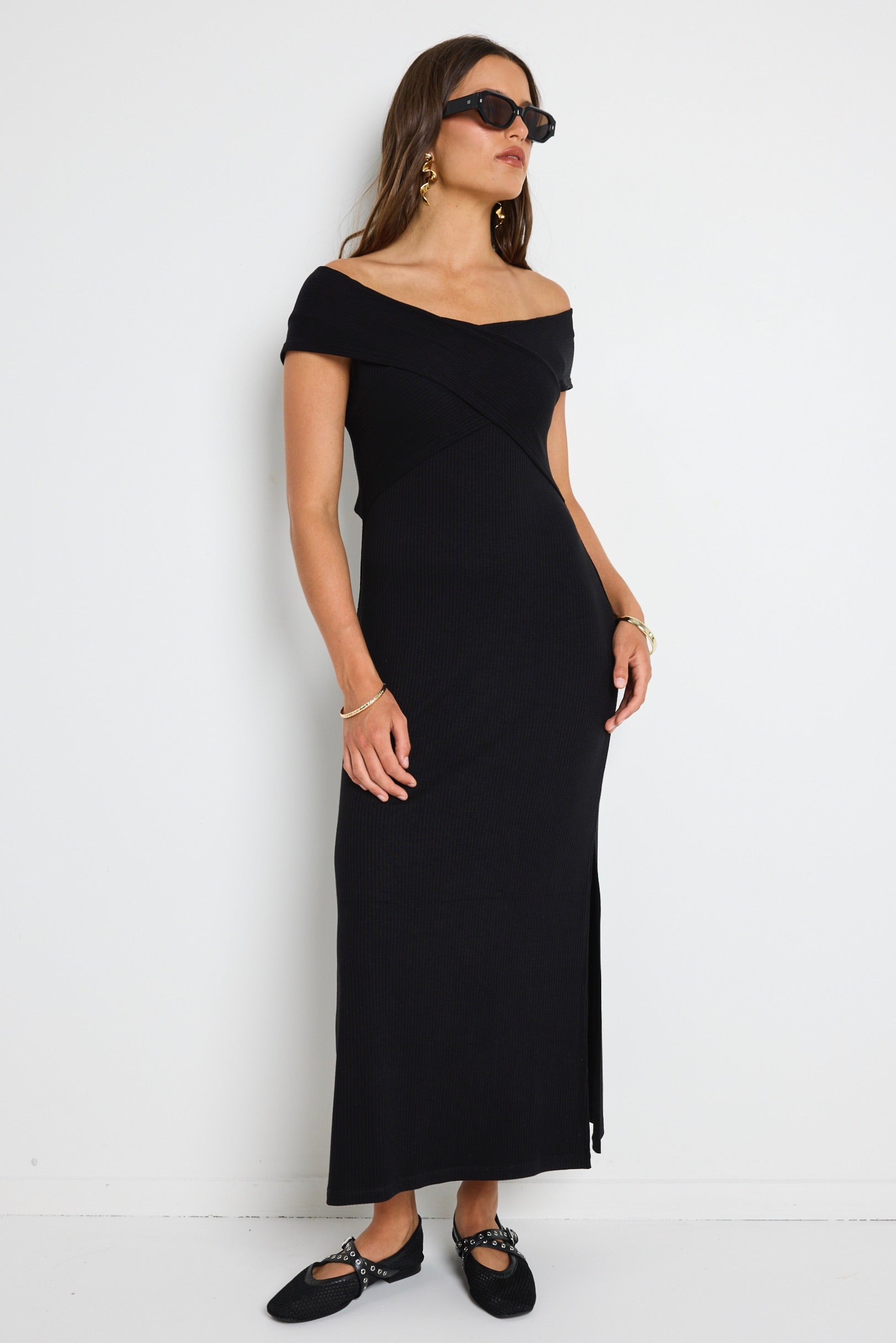 Alfa Black Rib Off Shoulder SS Midi Dress - Elegant Summer Party & Date Night Outfit for Women