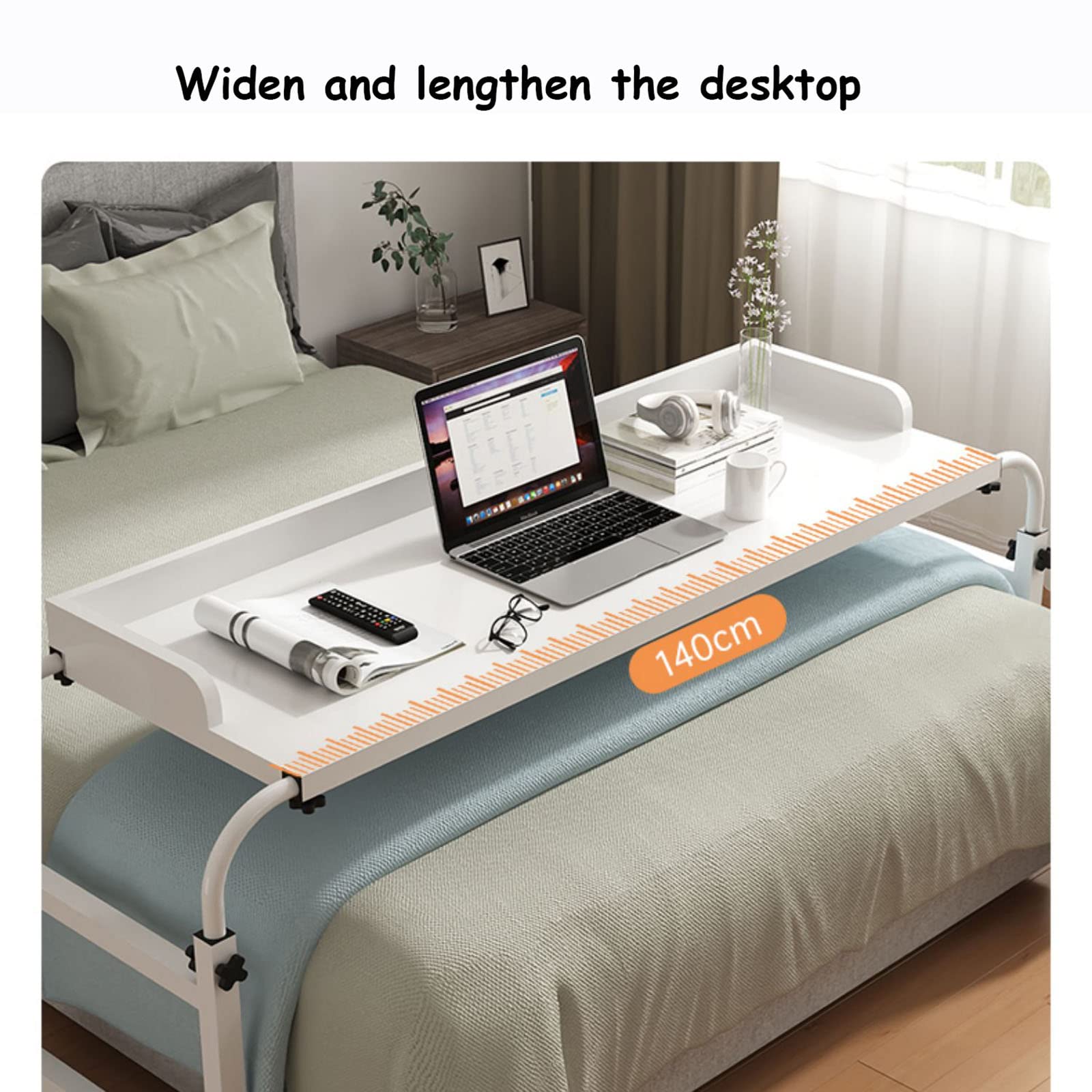 Adjustable Rolling Overbed Table - Extendable Height & Length Mobile Laptop Desk for Home Office, Hospital & Bedroom Use - White 140cm Computer Workstation with Wheels