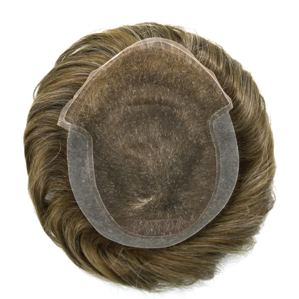 Natural Mens Toupee Human Hair Replacement System - Swiss Lace Base with PU Bleached Knots - 8x10 Inch Light Medium Density Hairpiece (Dark Ash Blonde 1720# with 20% Gray) - SINGA HAIR - Perfect for Daily Wear, Special Occasions & Hair Loss Solutions