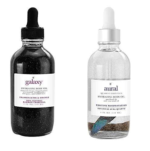 Measurable Difference Aura Gem Infused Glitter Body Oil & Galaxy Charcoal Glitter Body Oil - 4 Fl Oz (118ml) - Shimmering Moisturizer for Parties, Festivals & Body Art - Vegan & Cruelty-Free
