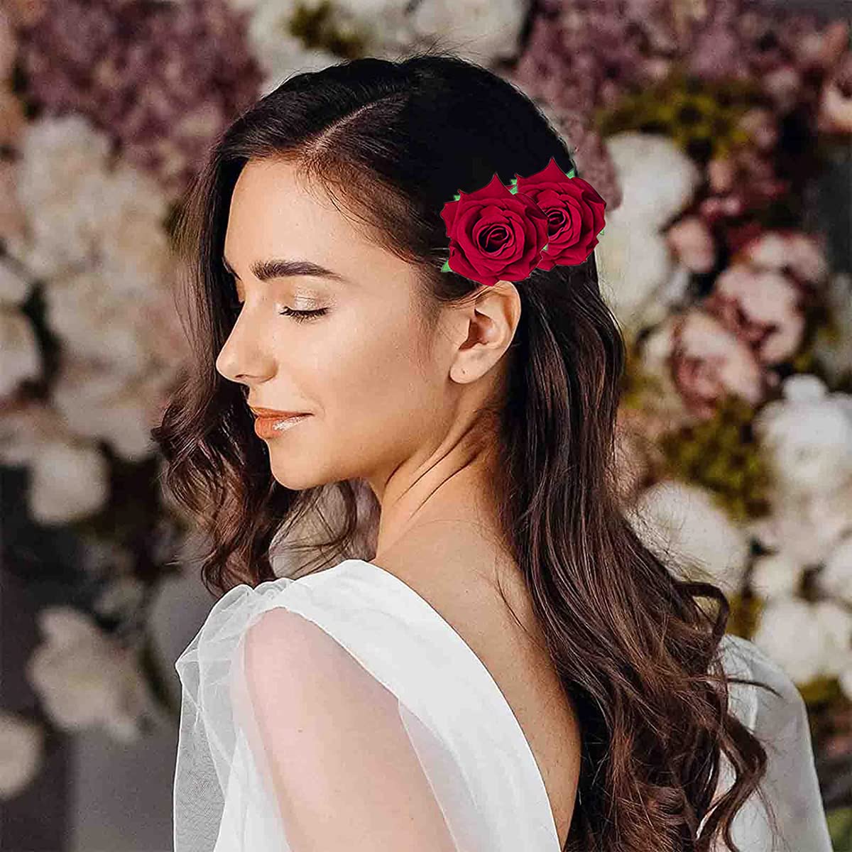 6 PCS Red Rose Flower Hair Clips for Women & Girls - Elegant Wedding Hair Accessories, Flamenco Dancer Brooches - Perfect for Bridal, Parties & Special Occasions