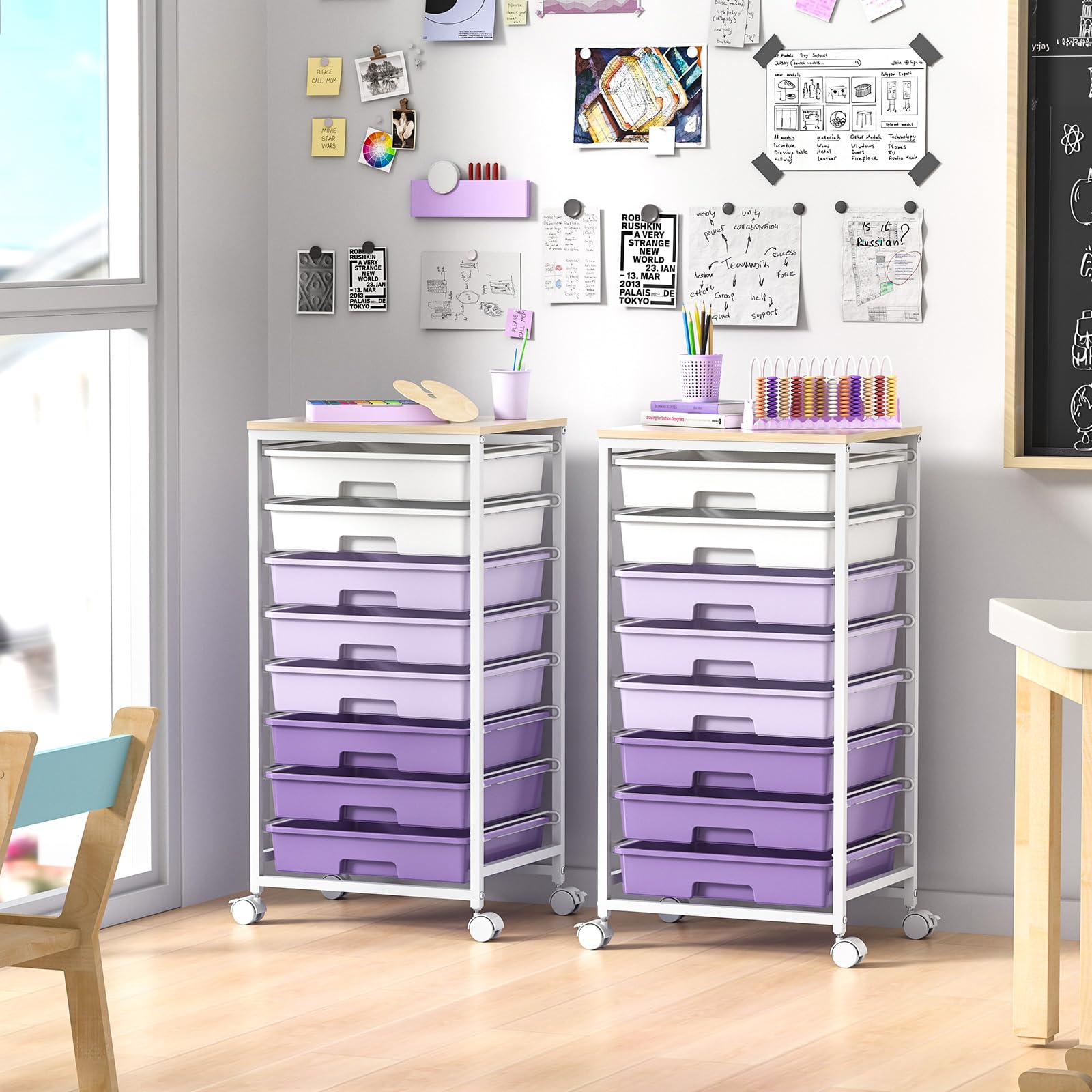 8-Drawer Rolling Storage Cart with Wooden Tabletop - Mobile Utility Cart for Living Room, Bedroom, Office, Classroom & Dorm Organization - Perfect for Craft Supplies, Bathroom Essentials & Home Storage (Purple)